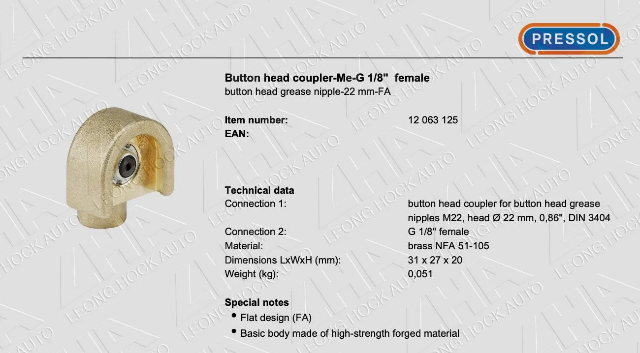 Pressol Grease Head Coupler Pull 22mm Spec Sheet