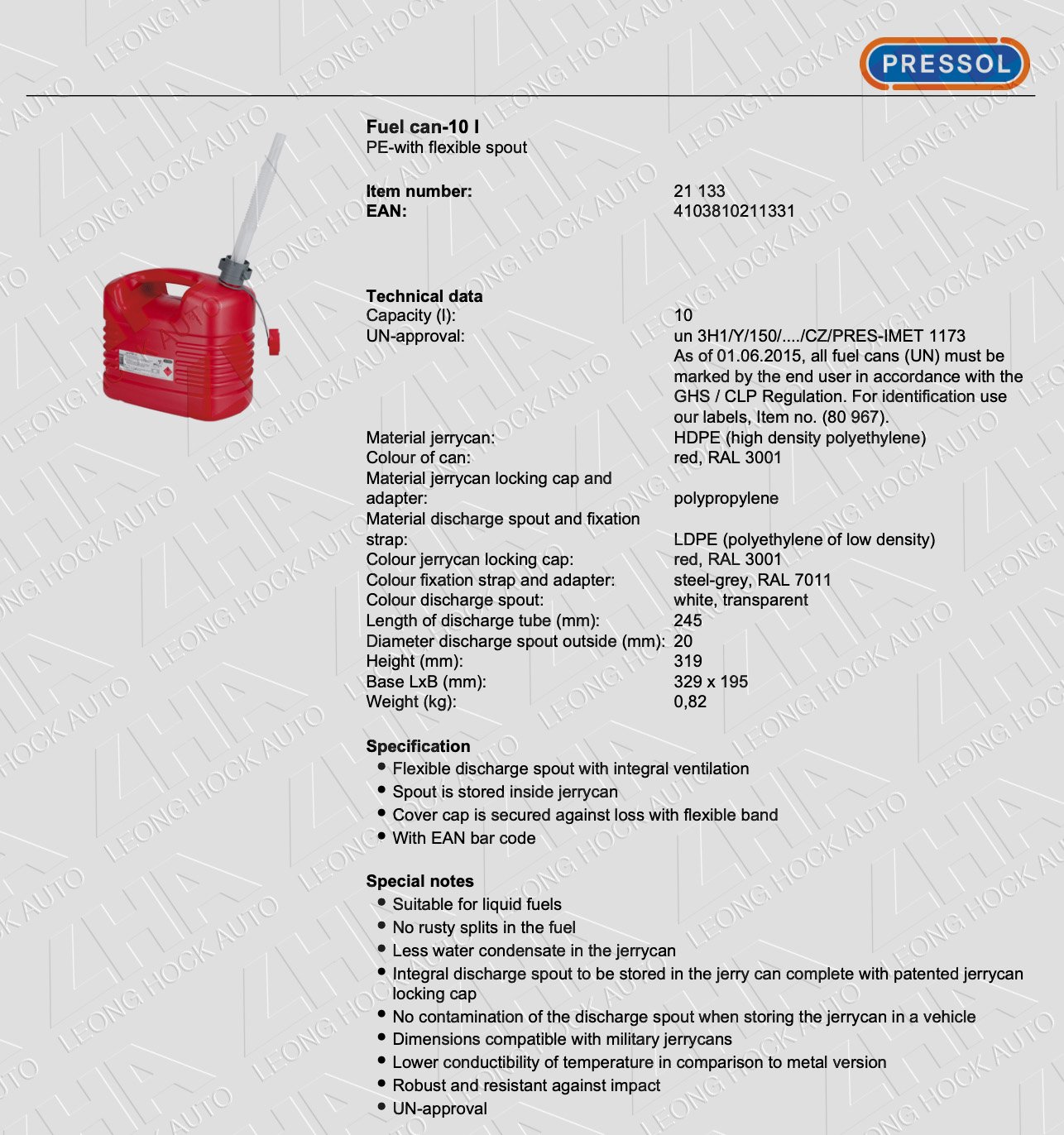 Pressol Fuel Tank Red 10 Liter Spec Sheet