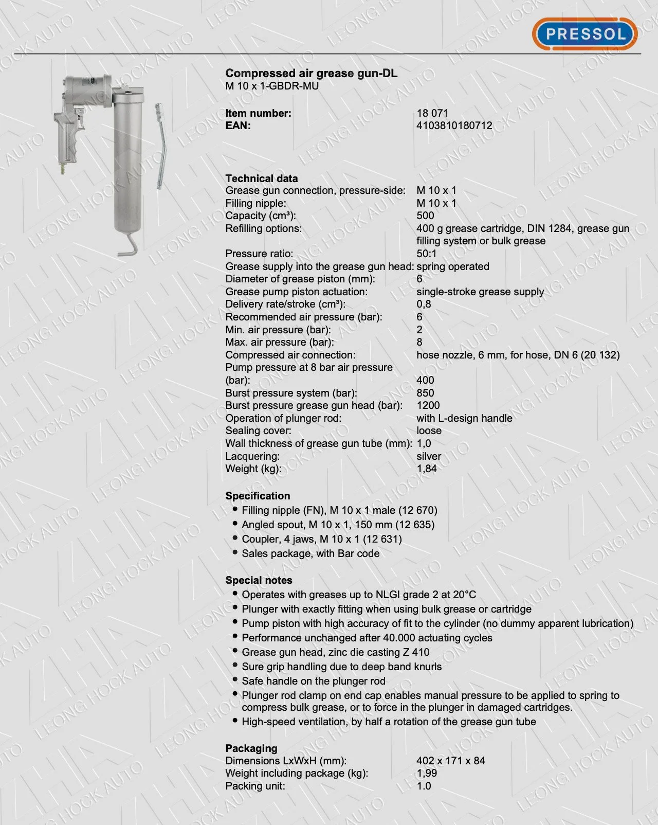 Pressol Pneumatic Grease Pump Spec Sheet