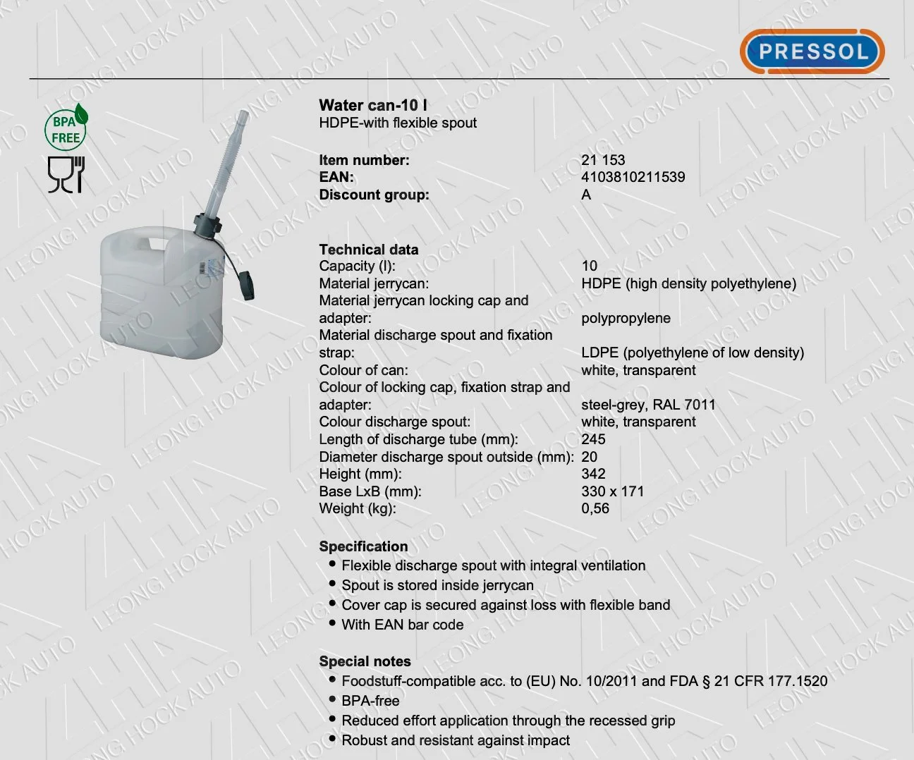 Pressol Water Tank (Food & Drink) 5L Spec Sheet