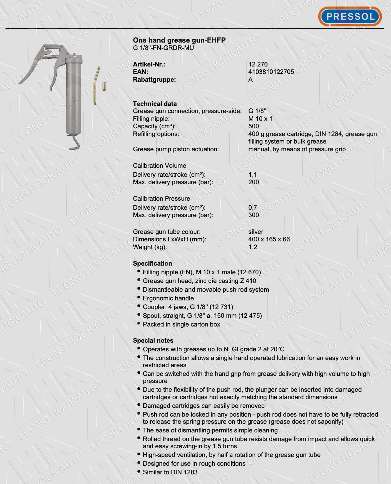Pressol Single Hand Operated Grease Gun Spec Sheet