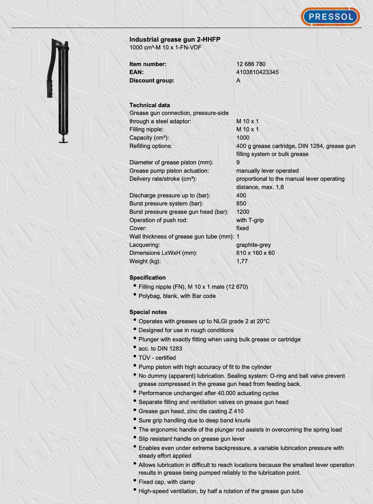 Pressol Industrial Grease Gun 2 Spec Sheet