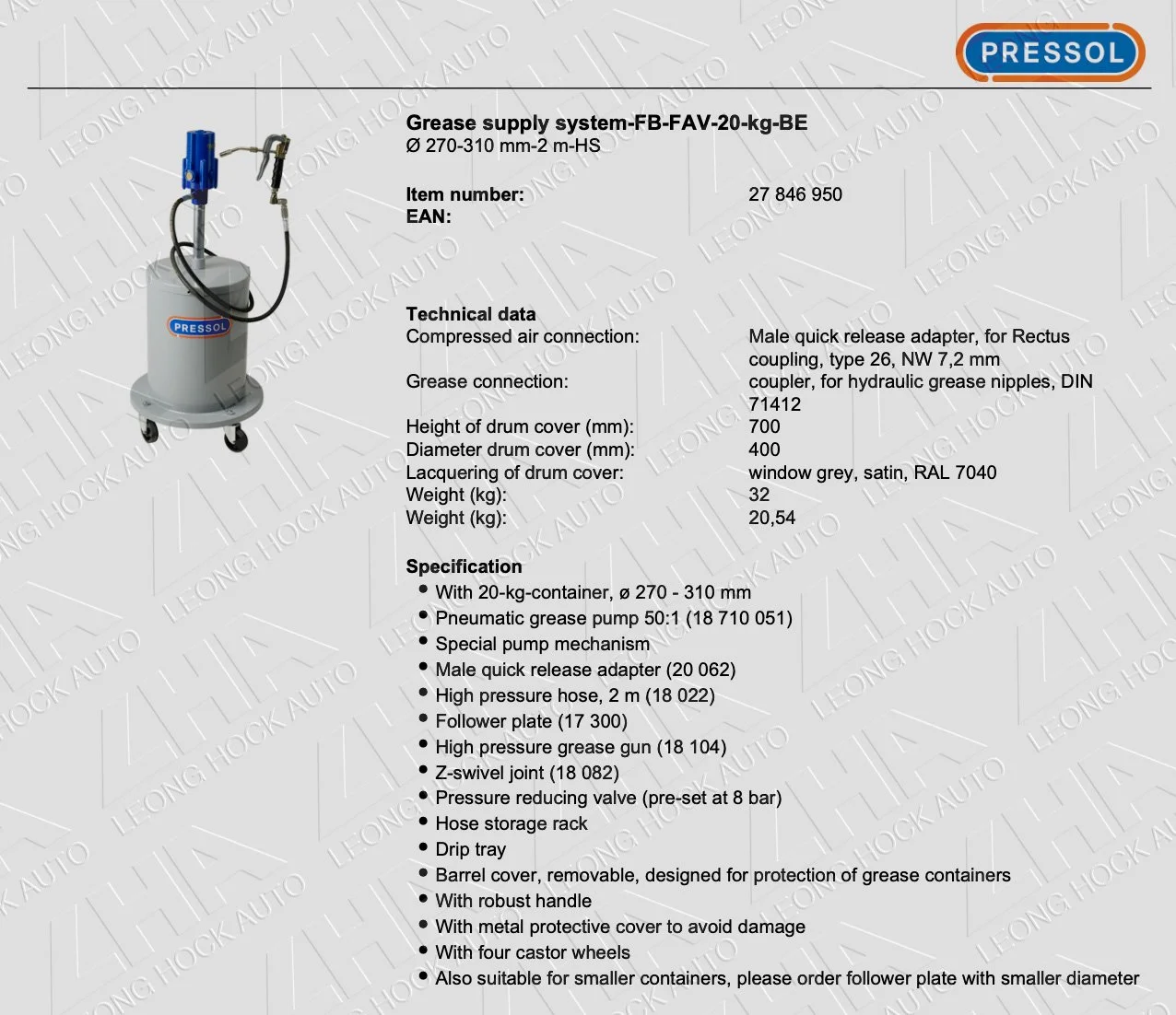 Pneumatic grease supply system with tank 20kg Spec Sheet