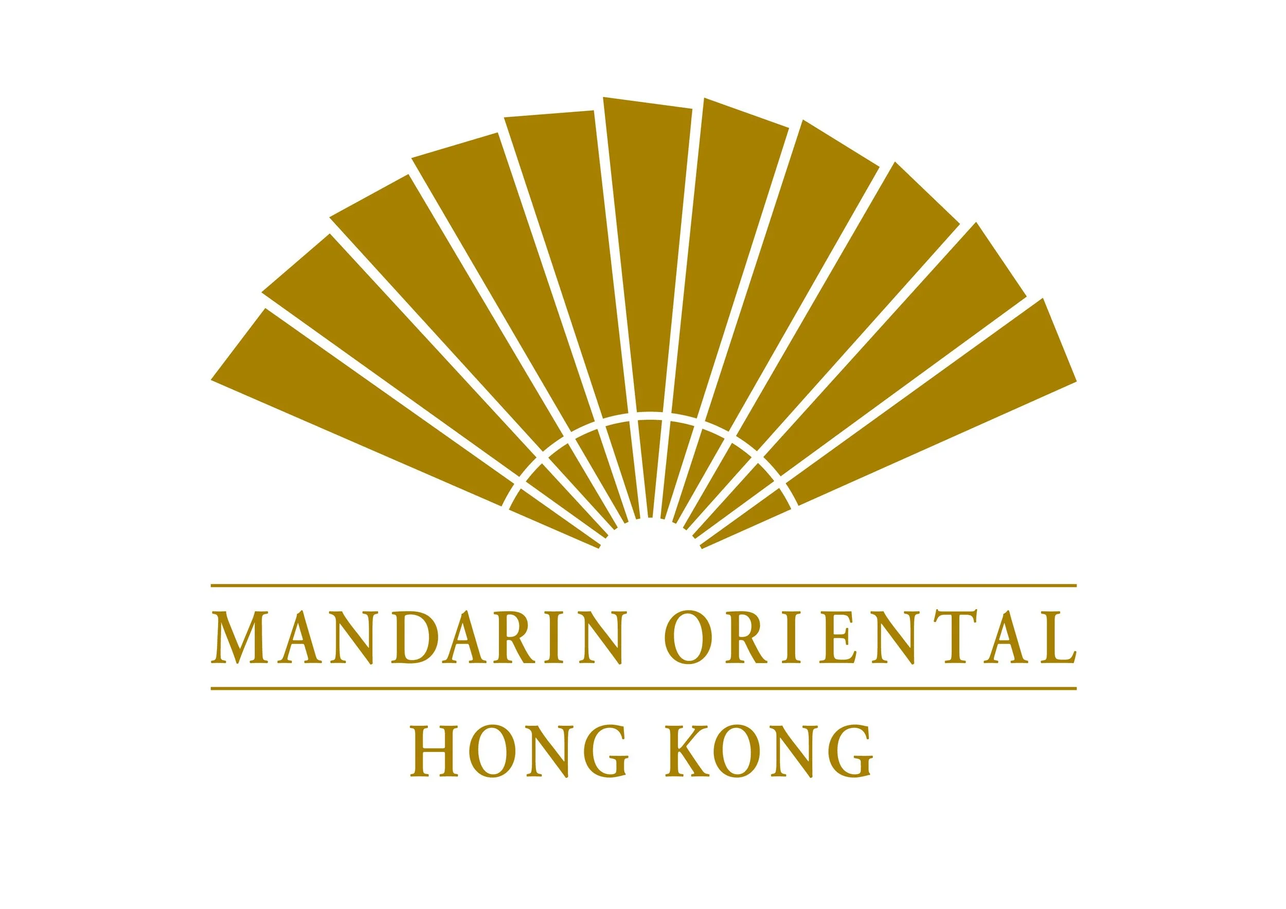 A logo with a gold fan design above the words "MANDARIN ORIENTAL HONG KONG" in gold text on a white background.