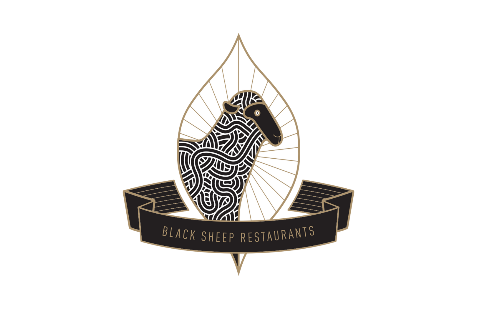 A logo featuring a stylized black sheep with a maze-like pattern inside, enclosed in a geometric frame with a ribbon banner below that says "Black Sheep Restaurants."