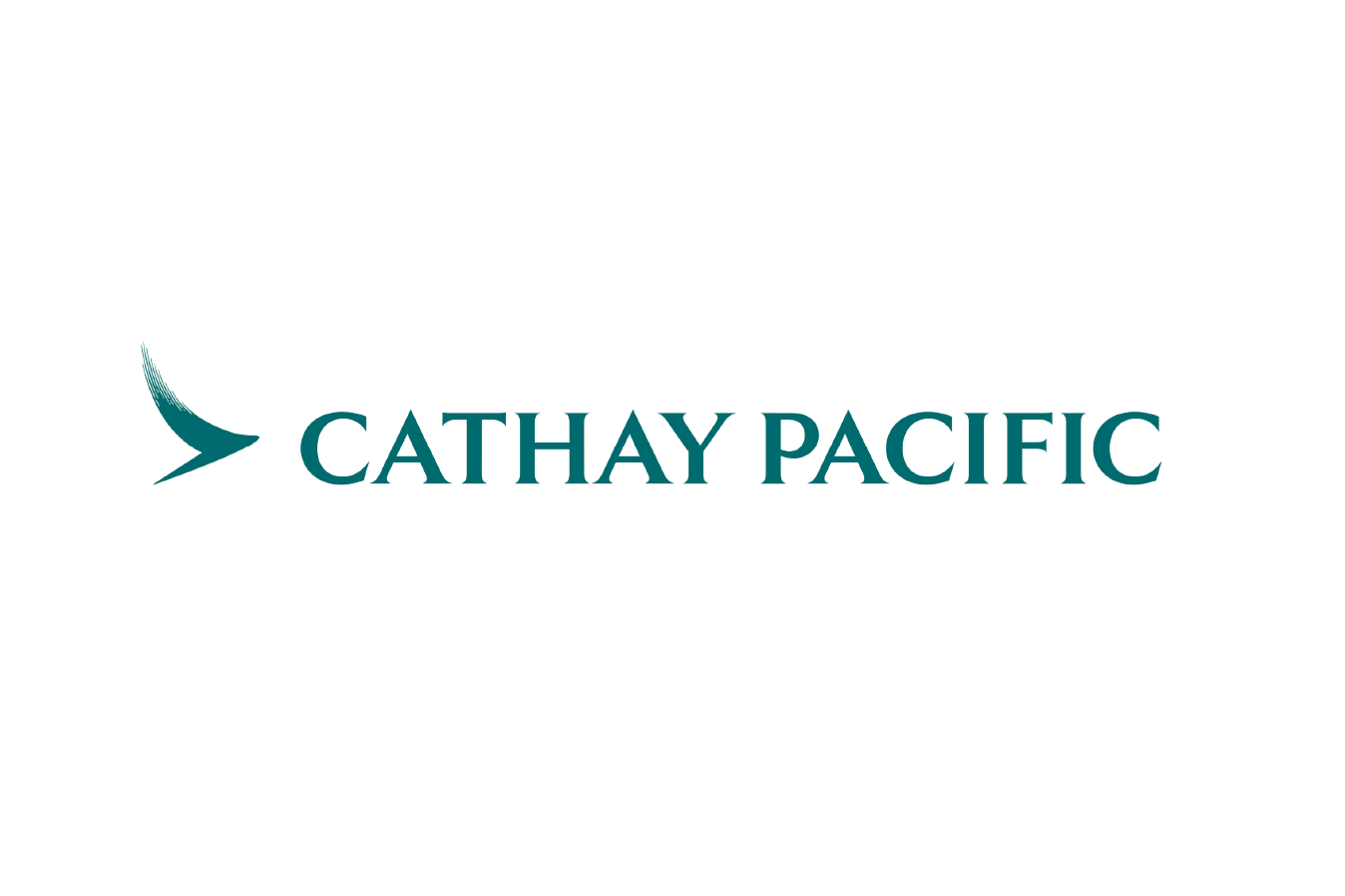 Cathay Pacific logo with a stylized teal bird and the airline's name in teal text.
