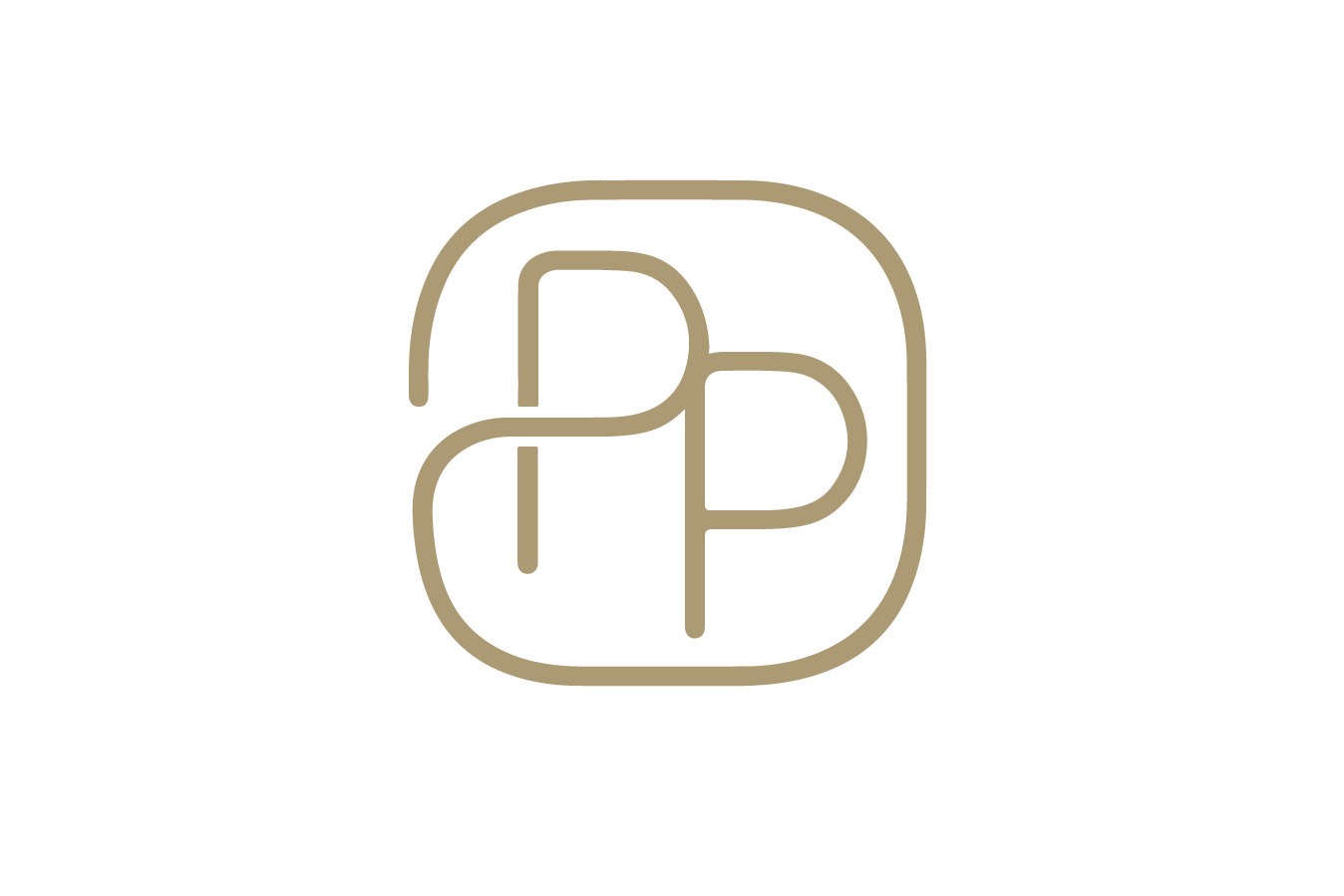 Minimalist logo with interconnected 'P' letters inside a rounded square, in beige on a black background.
