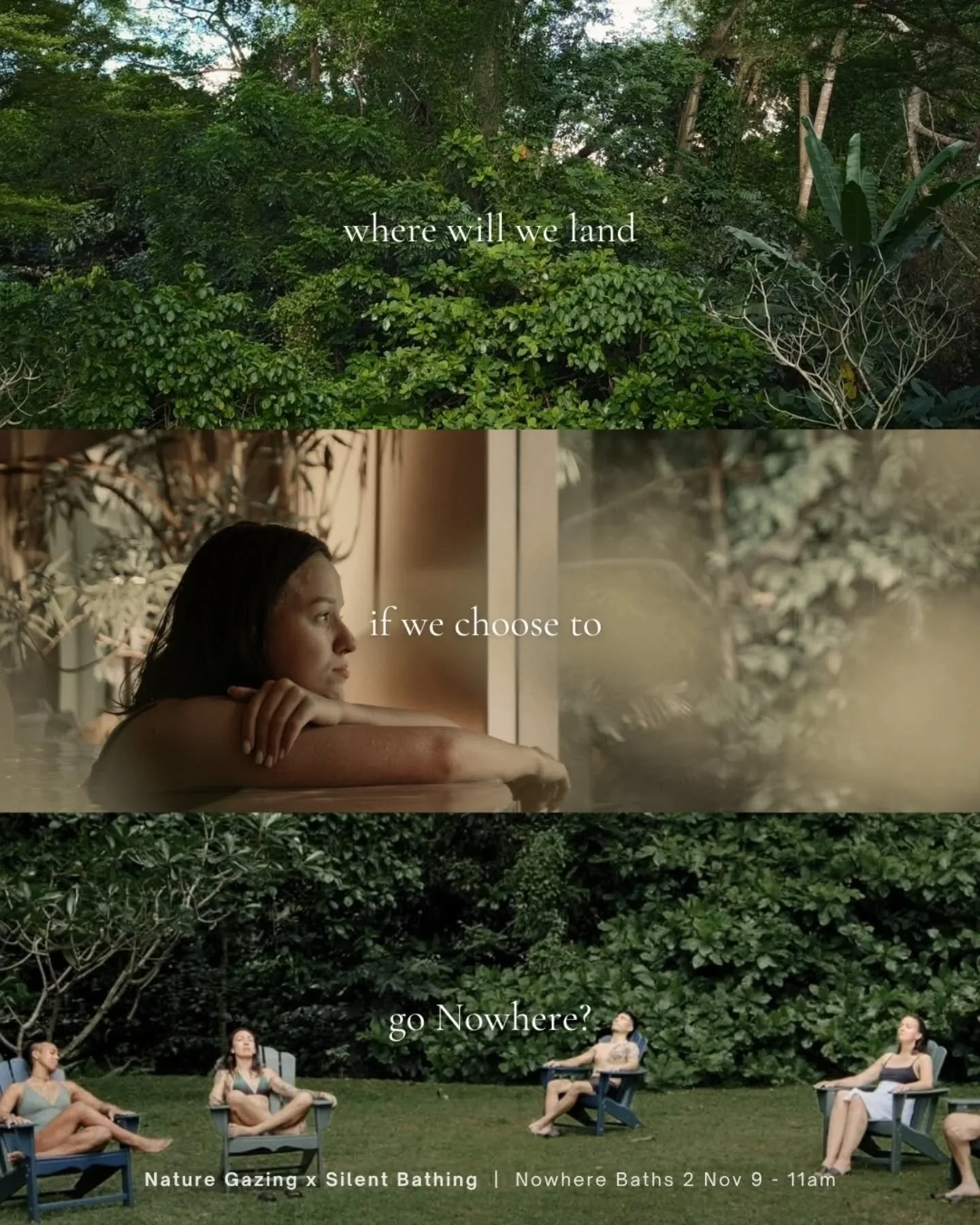 With the sprint of the year coming to an end, take time to water yourself.

Lets enter November softly with forest therapy and silent bathing.

𝗴𝗼𝗶𝗻𝗴 𝗻𝗼𝘄𝗵𝗲𝗿𝗲 
Nowhere Baths, Dempsey Hill
2 Nov Sunday
9am to 11am
6 spots left

Comment 'now