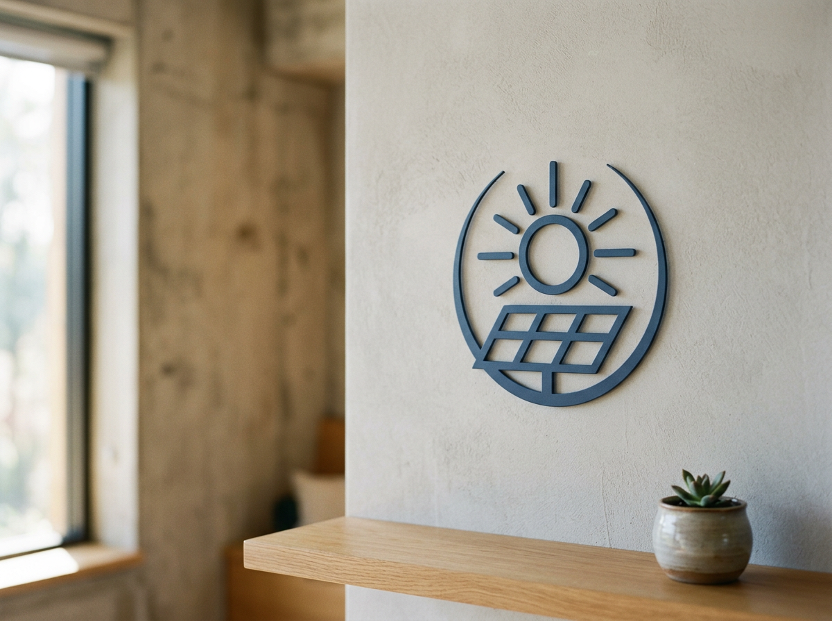 Decorative wall art depicting a sun and solar panel, next to a small potted succulent plant on a wooden shelf.