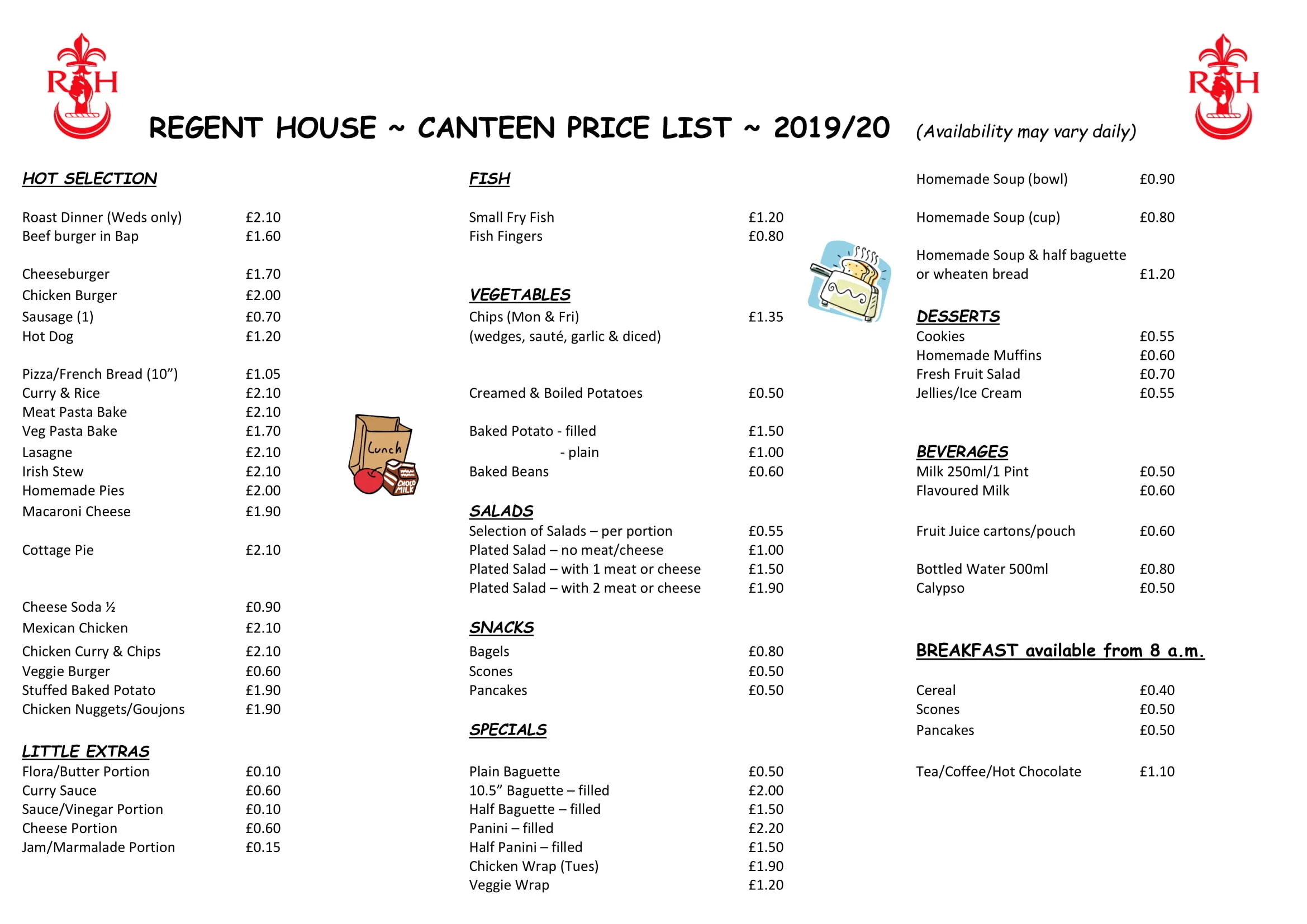 School Cafeteria Menu and Price List Now Available — Regent House School