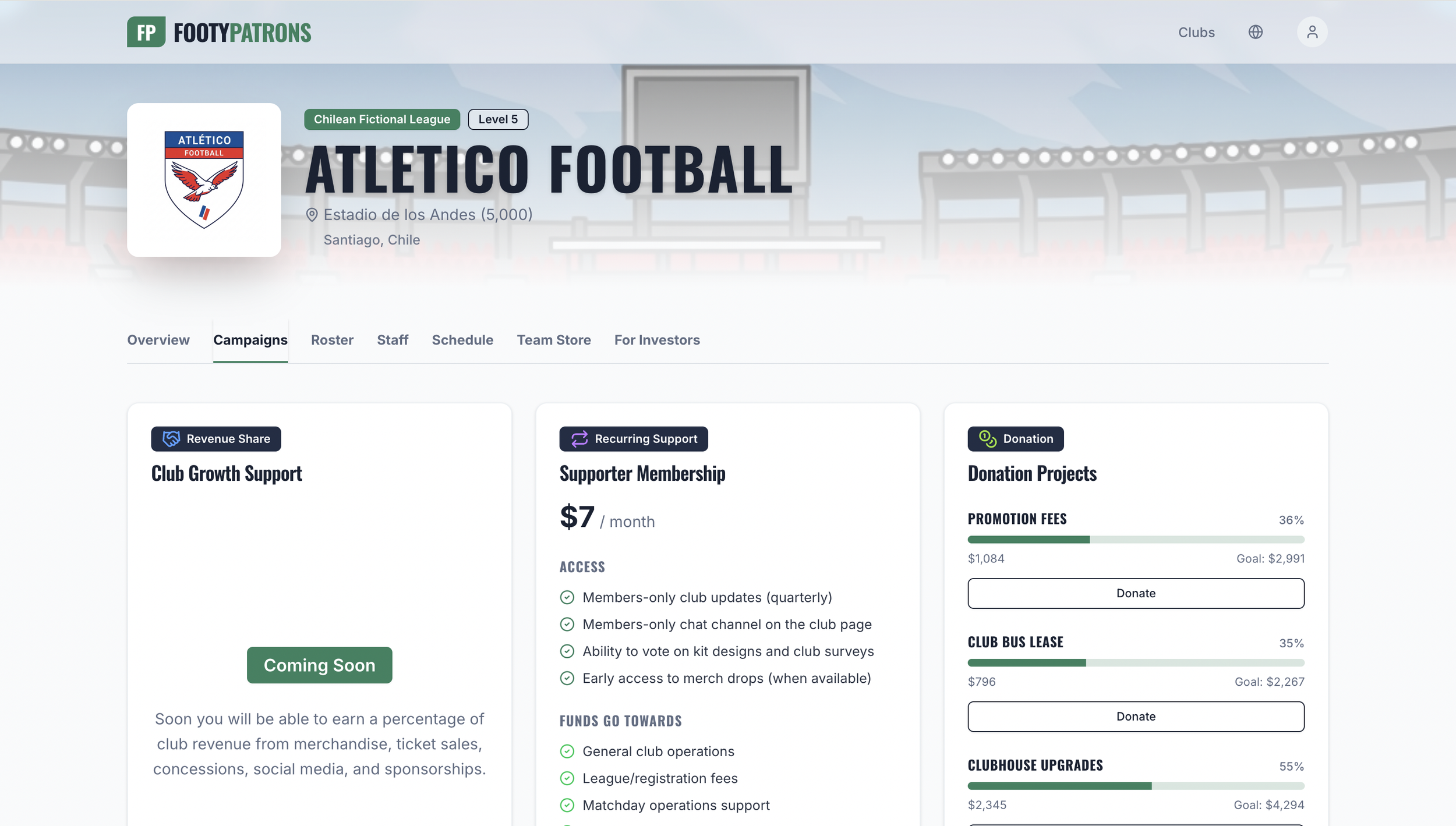 Screenshot of the ATLETICO FOOTBALL team page on the FootyPatrons website, showing club information, supporter membership options, and donation progress.