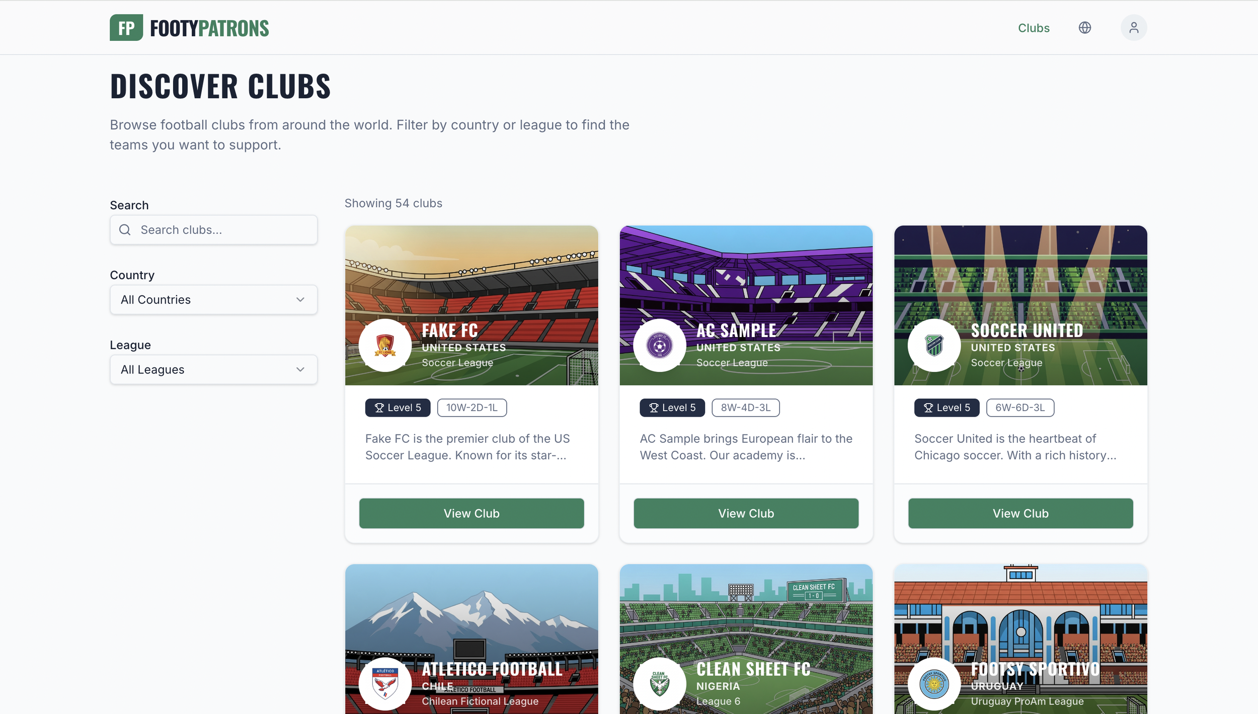 Screenshot of a website page called Discover Clubs with various illustrated football clubs from around the world, featuring club names, country, league, and a brief description, with a search and filter options on the left.