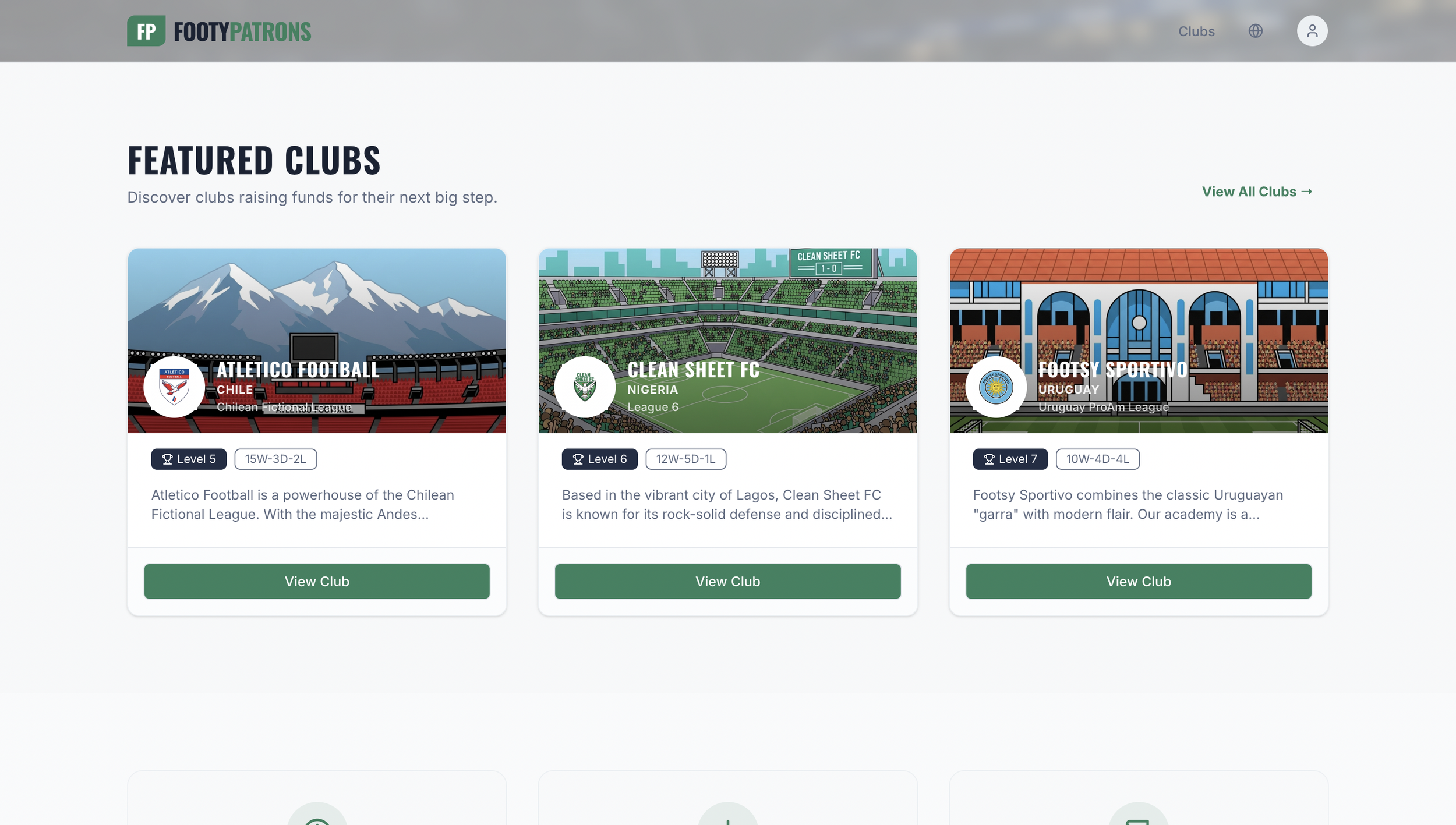Screenshot of a website page titled 'Featured Clubs' showing three illustrated football stadiums representing different clubs: Atletico Football from Chile, Clean Sheet FC from Nigeria, and Footsy Sportivo from Uruguay, each with description and 'View Club' button.