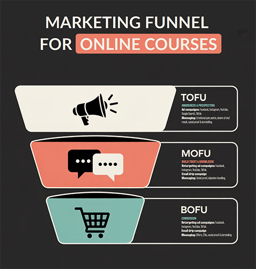 Infographic titled "Marketing Funnel for Online Courses" showing three stages: TOFU, MOFU and BOFU, each representing different stages of the funnel and their related marketing strategies.