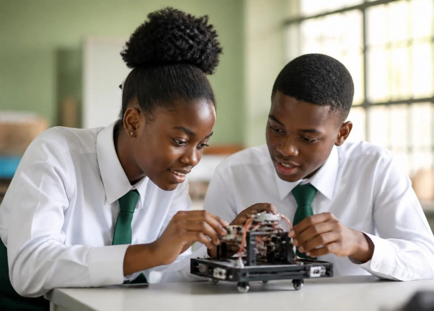 Two high school learners in uniform assembling a small wheeled robotics prototype at a classroom table.