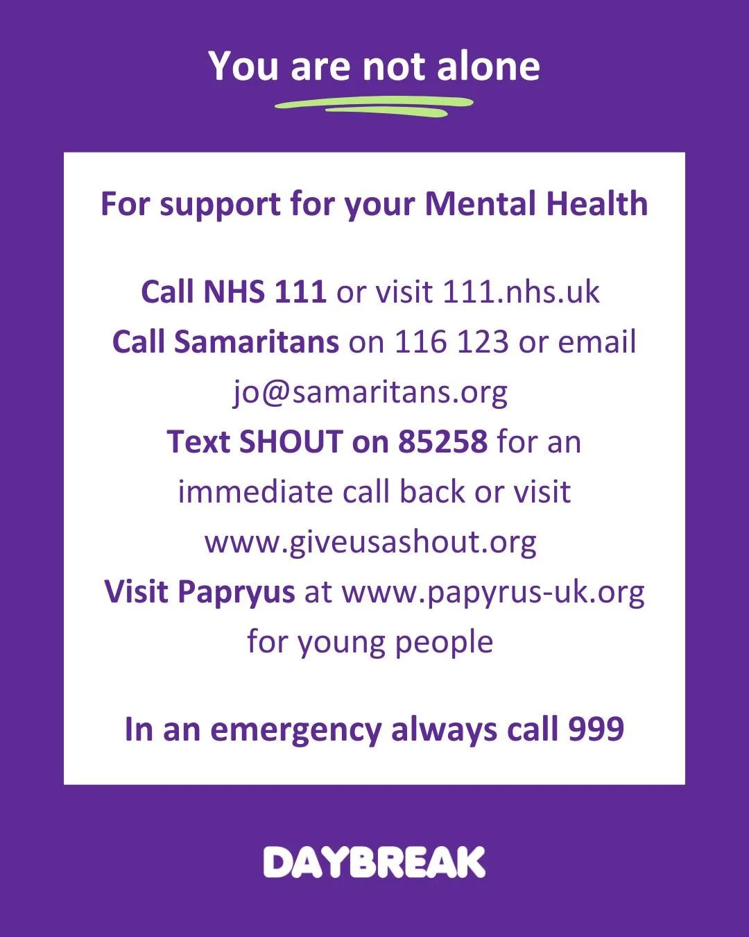 Today, is World Suicide Prevention Day. An important opportunity to remind ourselves and others that support is out there, whenever it is needed. 
For support for your Mental Health
Call NHS 111 or visit 111.nhs.uk 
Call Samaritans on 116 123 or em
