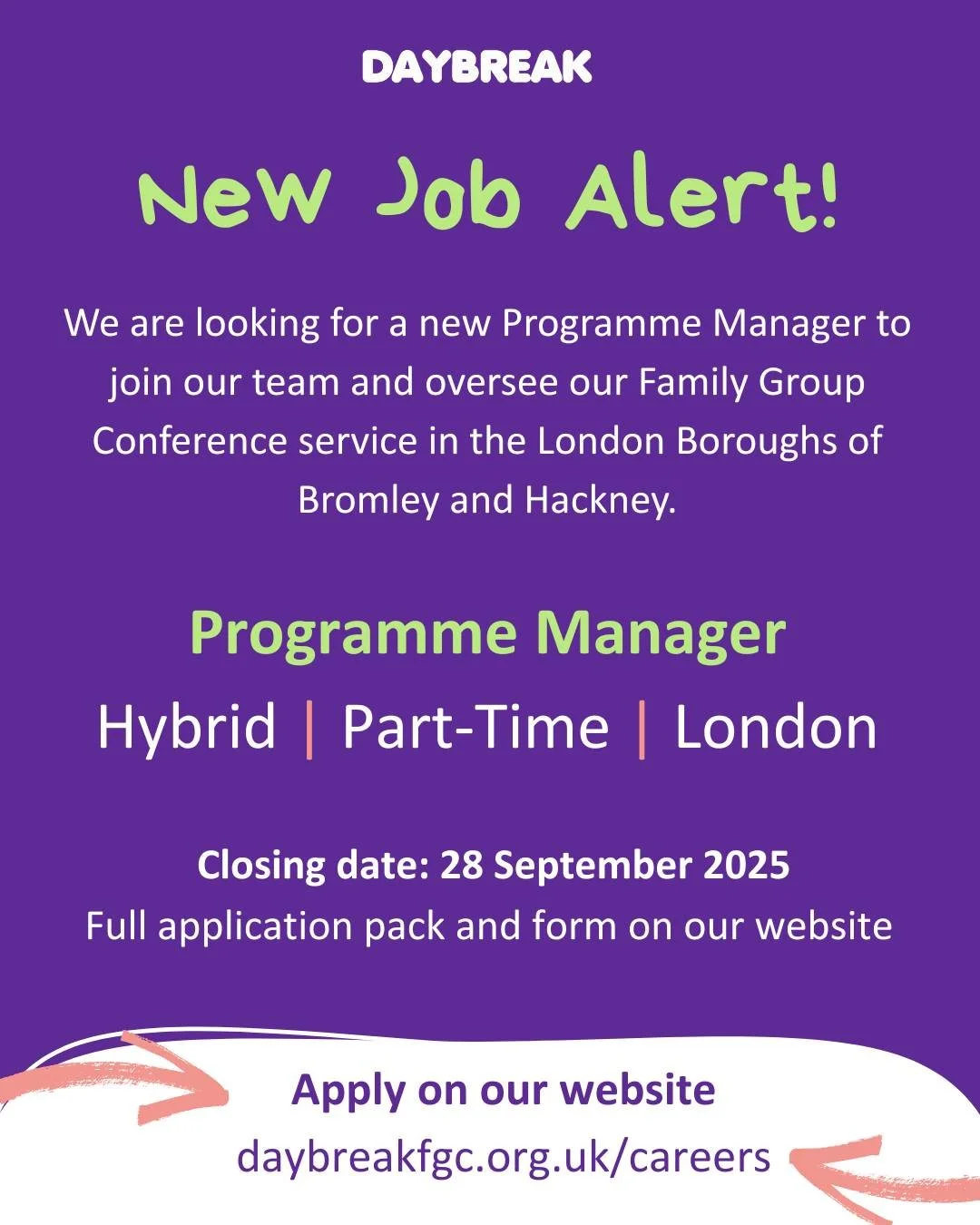 You still have time to apply if you are interested in joining Daybreak's team as our new Progamme Manager for our Bromley and Hackney Family Group Conferences services. 
Discover more and apply on our website: https://buff.ly/3Q85lQw 
#DaybreakChar