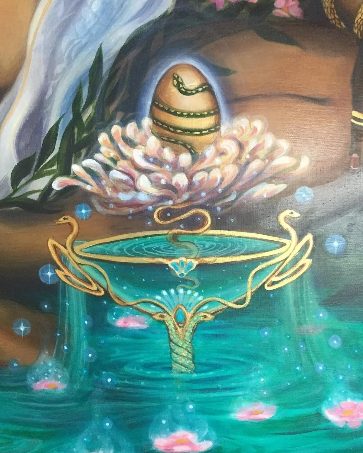 A mystical painting depicting a snake coiled around an egg above a lotus flower, with a stream of water flowing into a decorative, ornate basin. Glittering, glowing effects enhance the spiritual atmosphere.