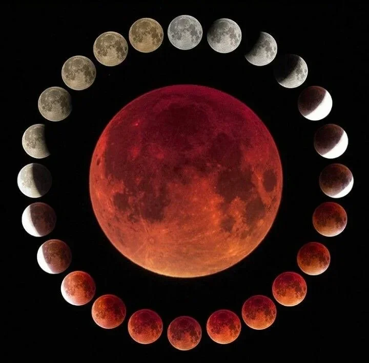 A diagram of the lunar eclipse phases showing the moon in varying stages of the eclipse, surrounding a large red full moon in the center. Astrology, moon, spiritual, ritual, ceremony, priestess