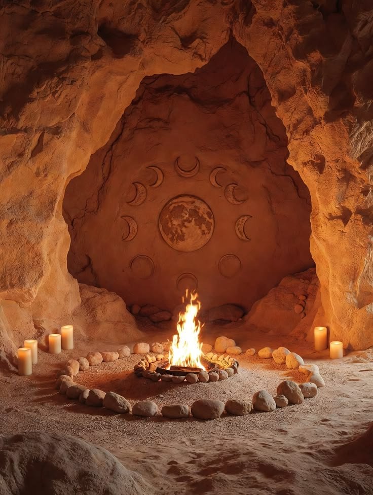 A fire burning inside a cave with a moon phases and lunar scene carved on the back wall, surrounded by candles and rocks. Astrology, moon, spiritual, ritual, ceremony, priestess