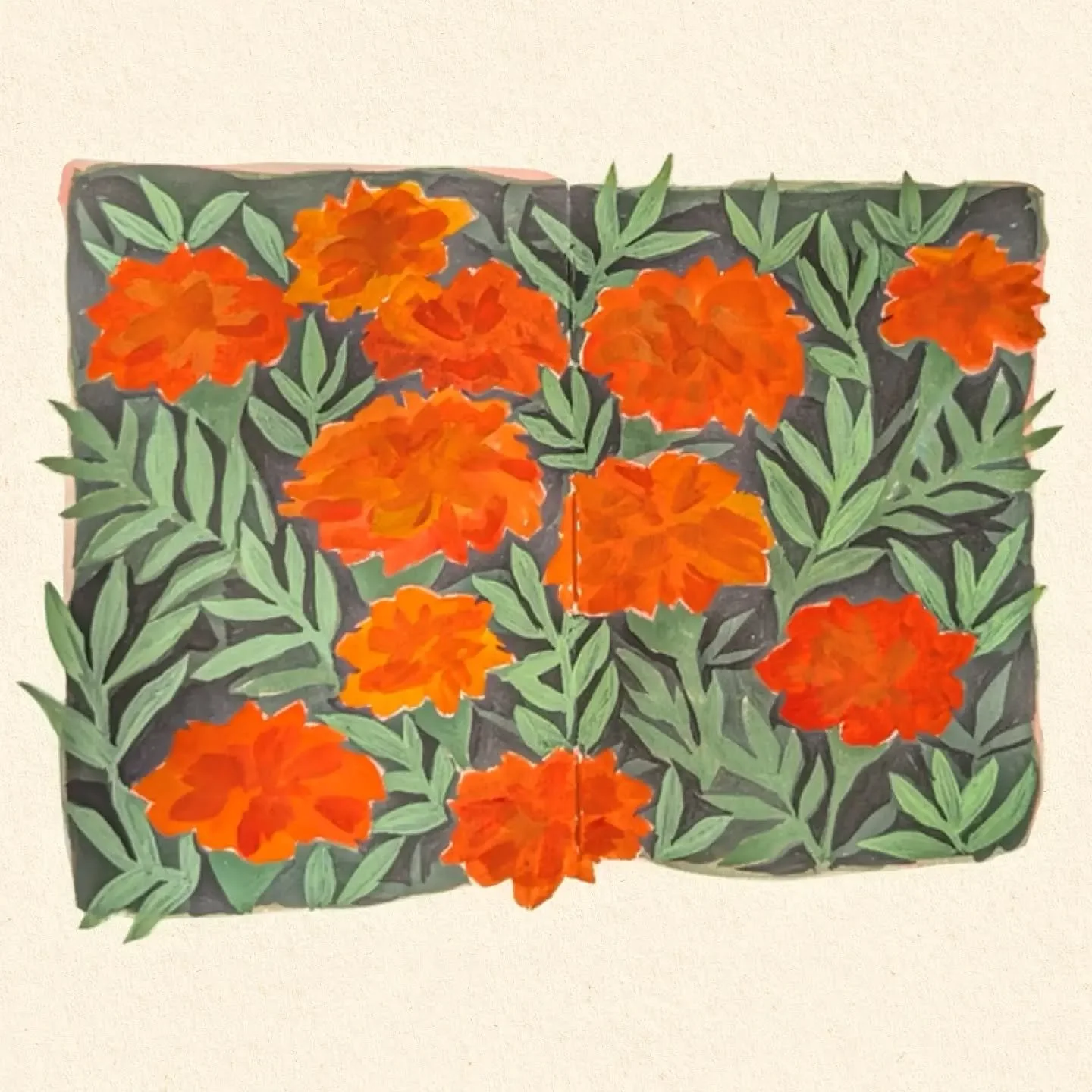 Peachtober day 9 : flowerbed ⚘.𖤣.𖥧.𖡼.⚘

Had to use this prompt to make a quick painting of my mom's marigolds (a favourite flowerbed bloom 🧡) 

#peachtober26flowerbed #peachtober26 #gouache #floral #flowerbed