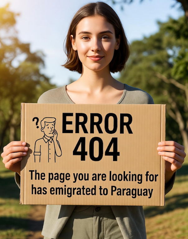 Vrouw houdt een kartonnen bord met de tekst 'Fout 404: De pagina die je zoekt is gemigreerd naar Paraguay' in een park.