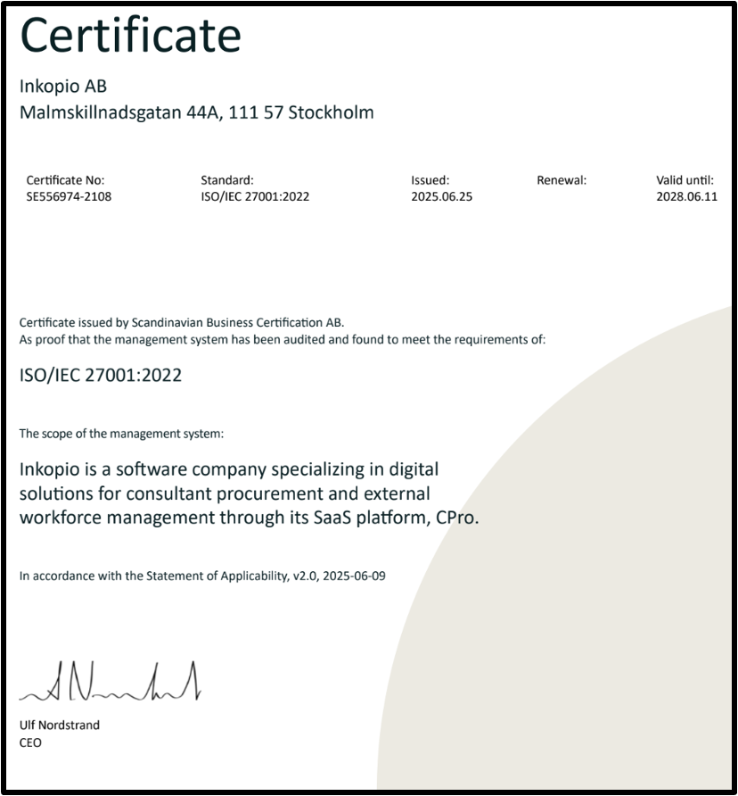 Inkopio Achieves ISO 27001 Certification, Strengthening Commitment to World-Class Information Security