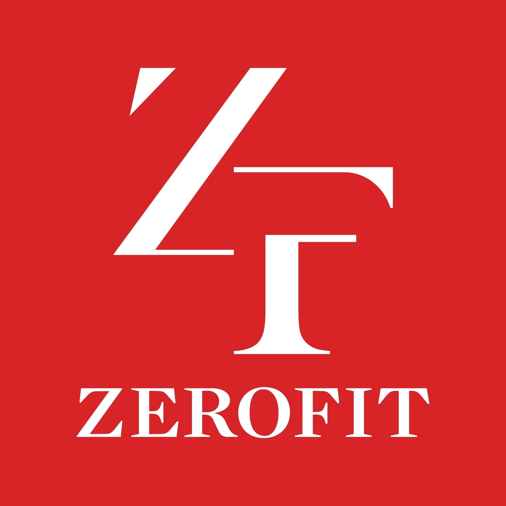 Front view of a red sign with the words "Zerofit" in white text and a white stylized Z logo.