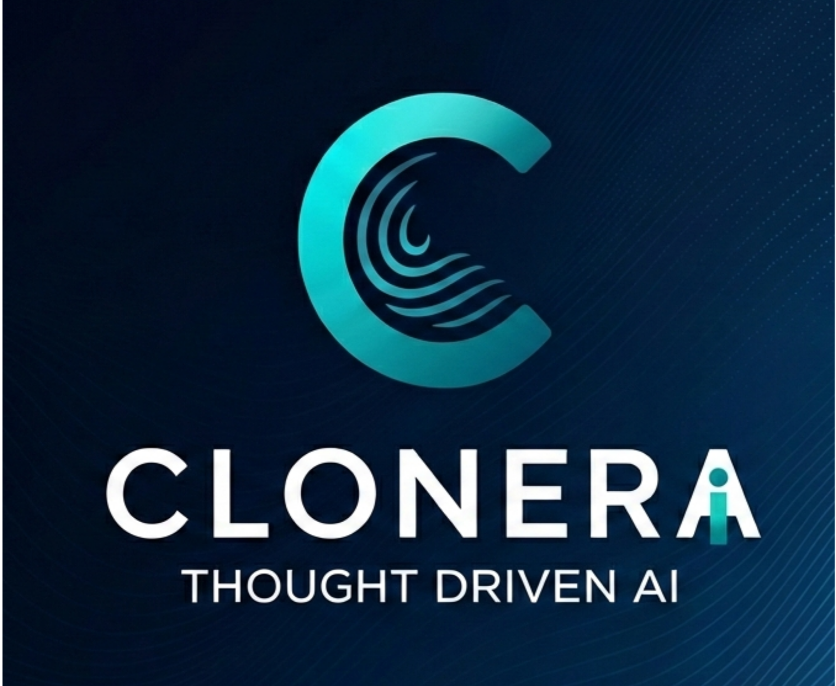 Logo with a large cyan letter C made of concentric lines forming a wave, above the words 'CIONERA' and the tagline 'Thought Driven AI' on a dark blue background with dotted pattern.