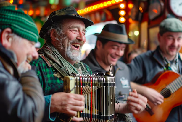 Group of men playing musical instruments at an outdoor event, smiling and enjoying the moment.