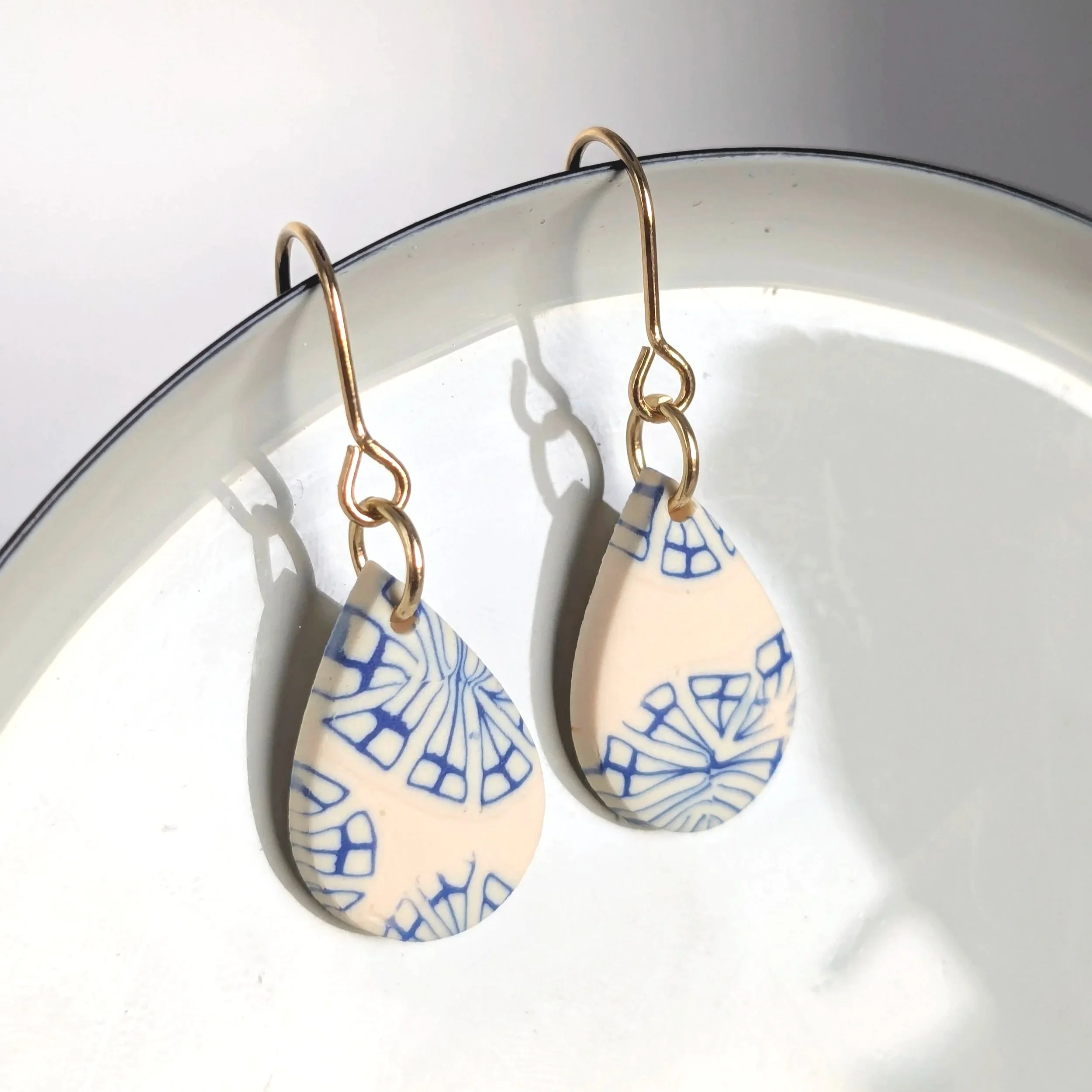 Linen white and blue teardrop  earrings