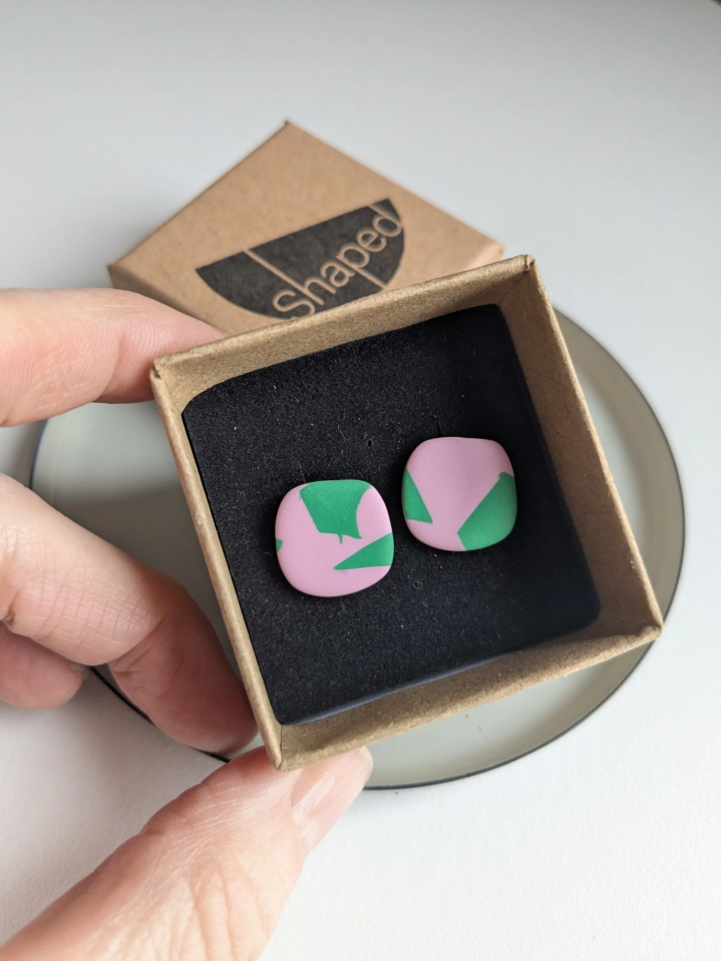 Pink and Green square  Stud Earring