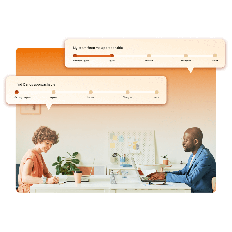 Two people sitting at a table in an office, with their feedback on approachability displayed as sliders in speech bubbles above them.