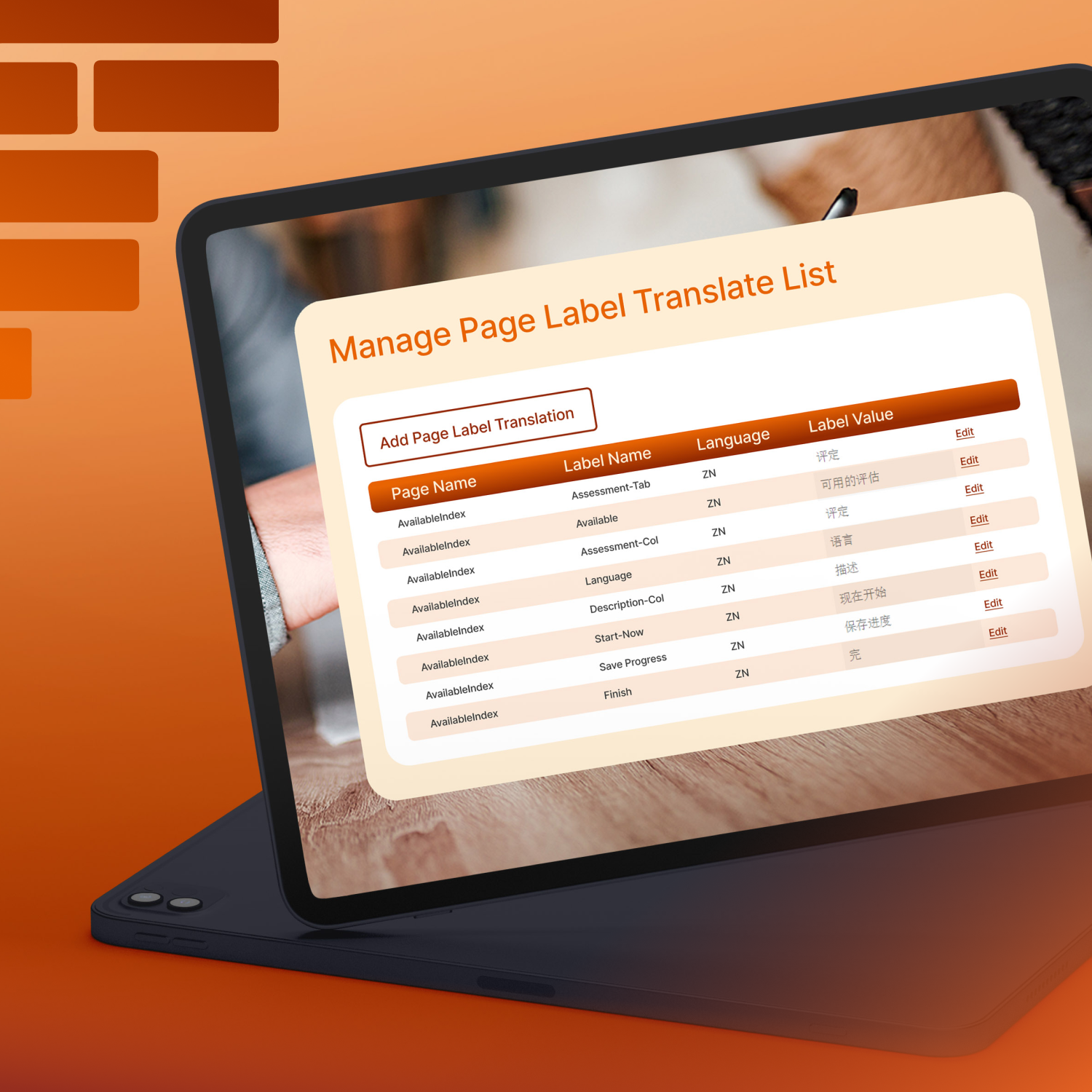 Tablet displaying a page titled 'Manage Page Label Translate List' with a table of page names, label names, languages, and label values, on a wooden surface with an orange background.