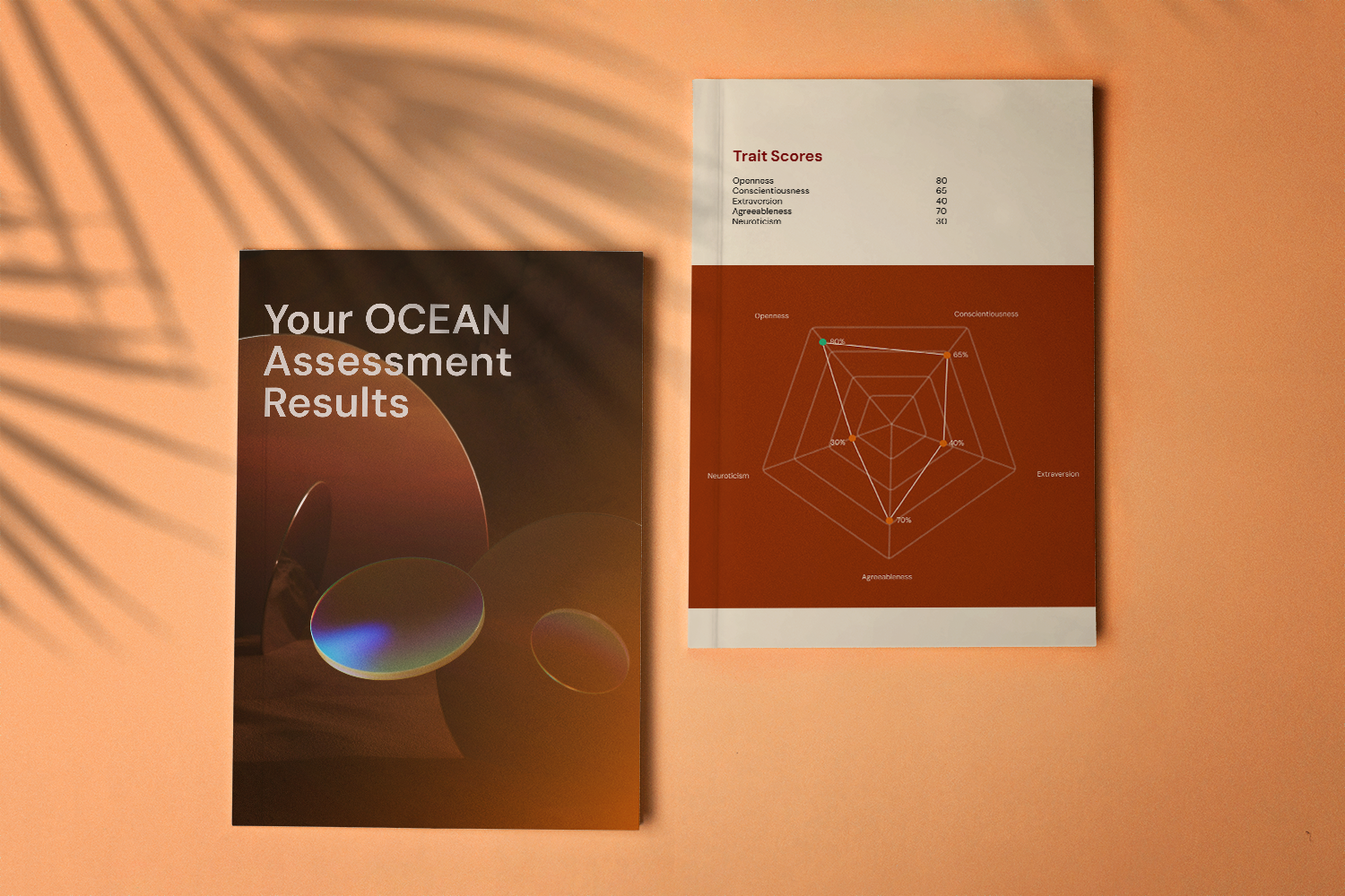 A booklet titled 'Your OCEAN Assessment Results' and a report with trait scores and a radar chart on an orange background with shadows resembling palm leaves.