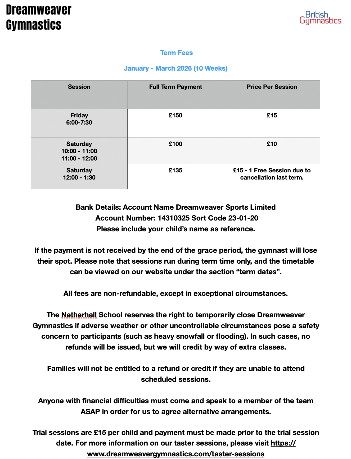 Term fees for Dreamweaver Gymnastics, January to March 2026, including session times and prices, bank details, refund policies, and contact information.