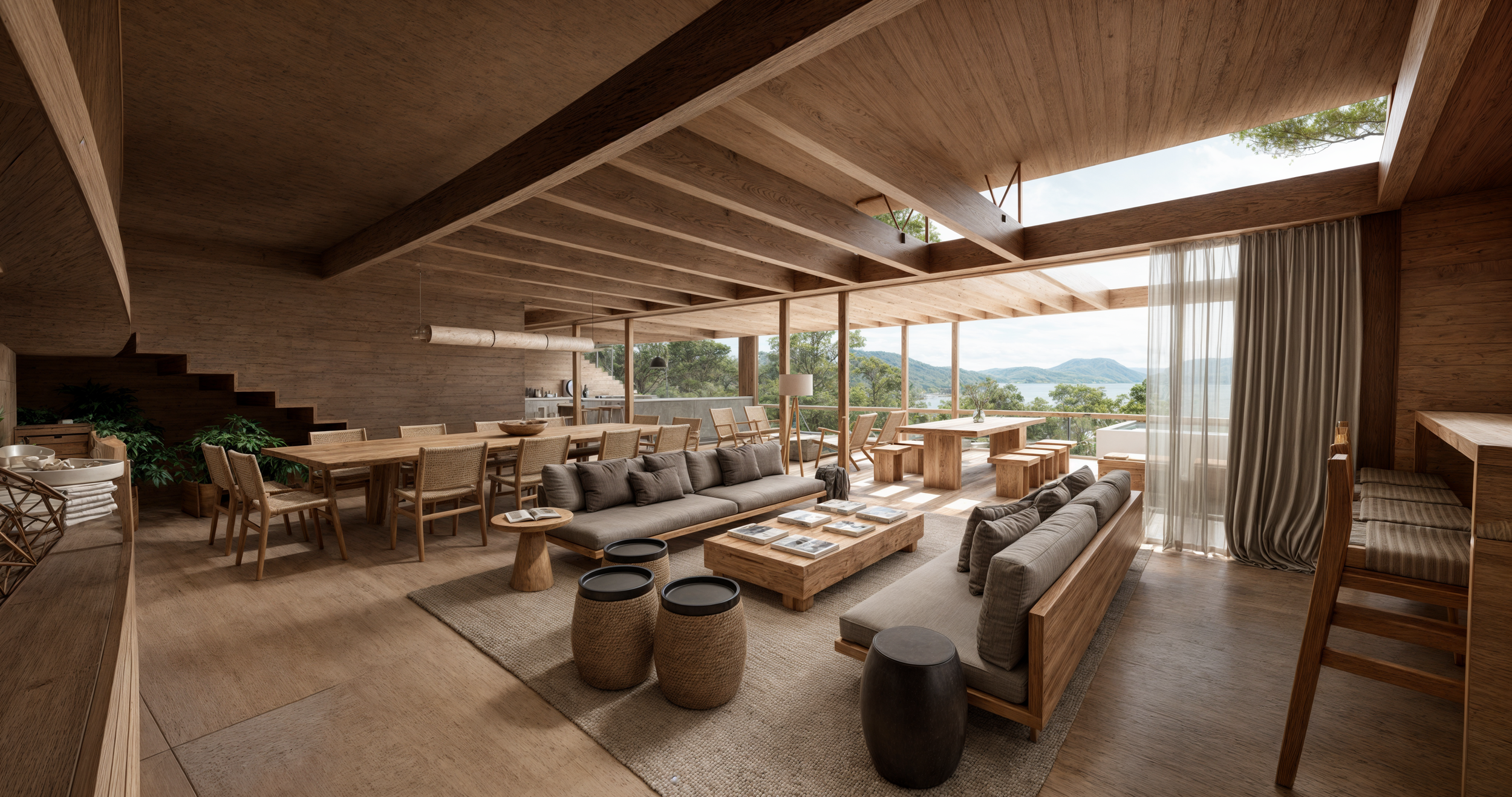 Sala de estar y comedor con muebles de madera, vista a un paisaje natural, cortinas blancas y espacio abierto.