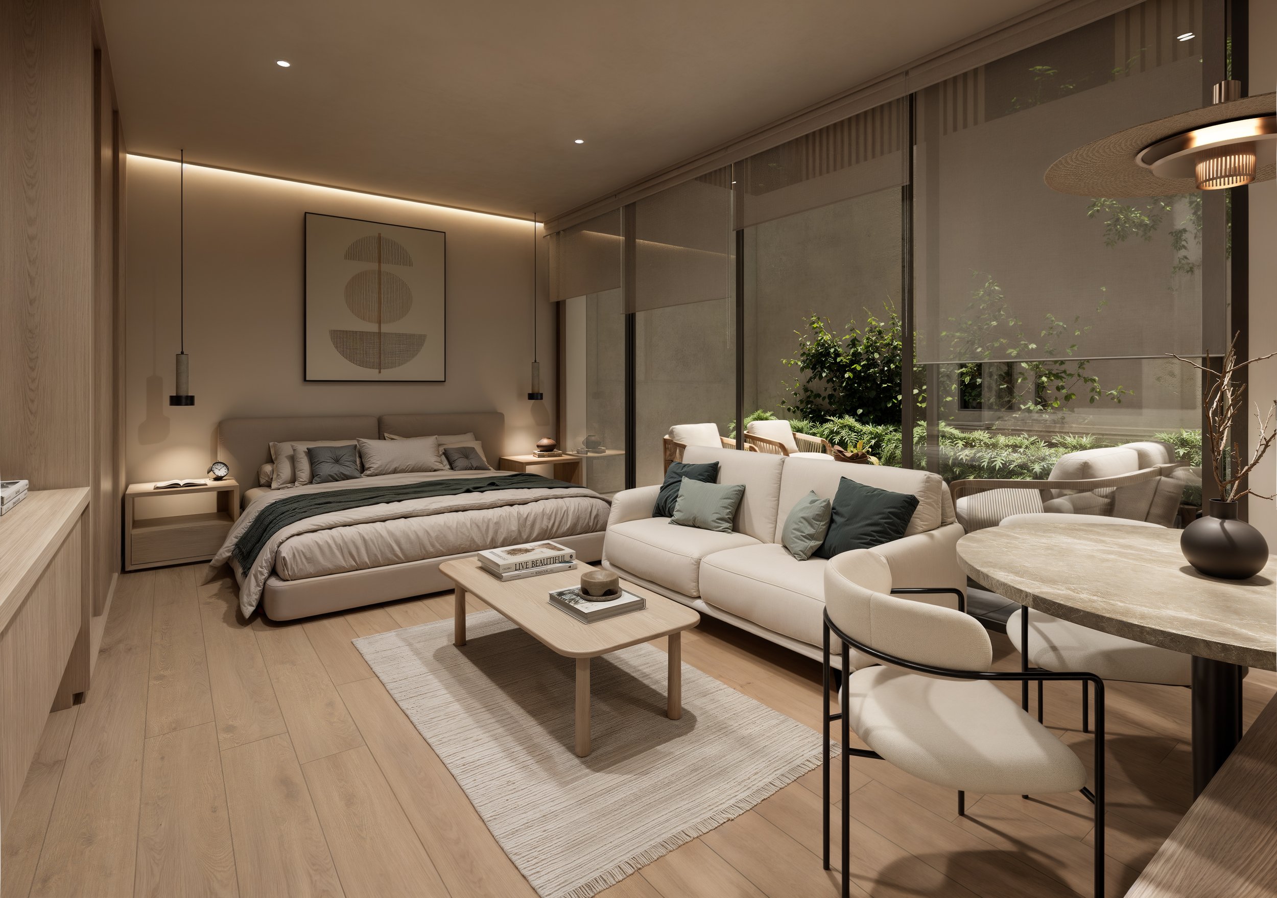 Sala de estar moderna y luminosa con sofá beige, cama, mesa de centro, vistas a jardín con plantas verdes y ventanas de piso a techo