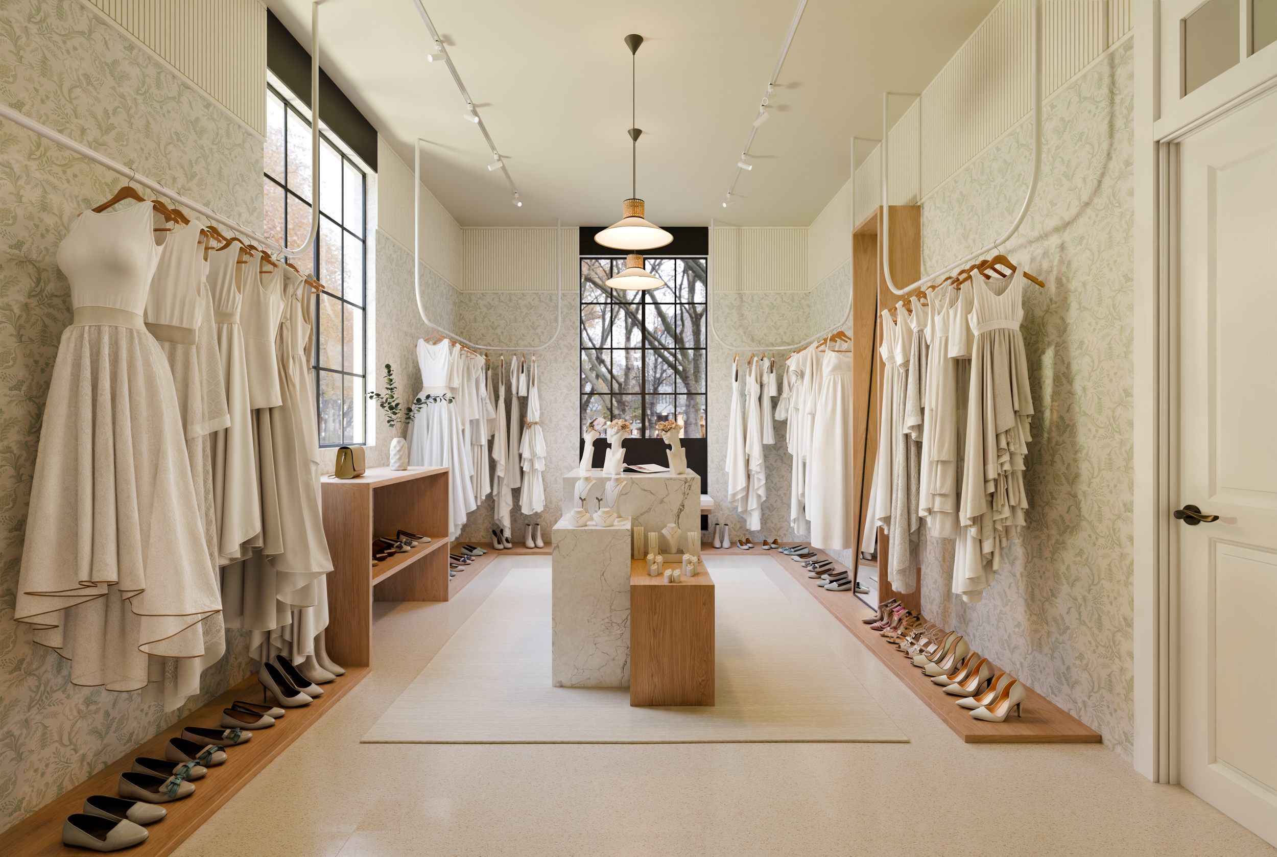 Vestidor con prendas blancas y zapatos de tacón en estantes de madera y en el suelo, con ventanas de vidrio y vista de árboles.