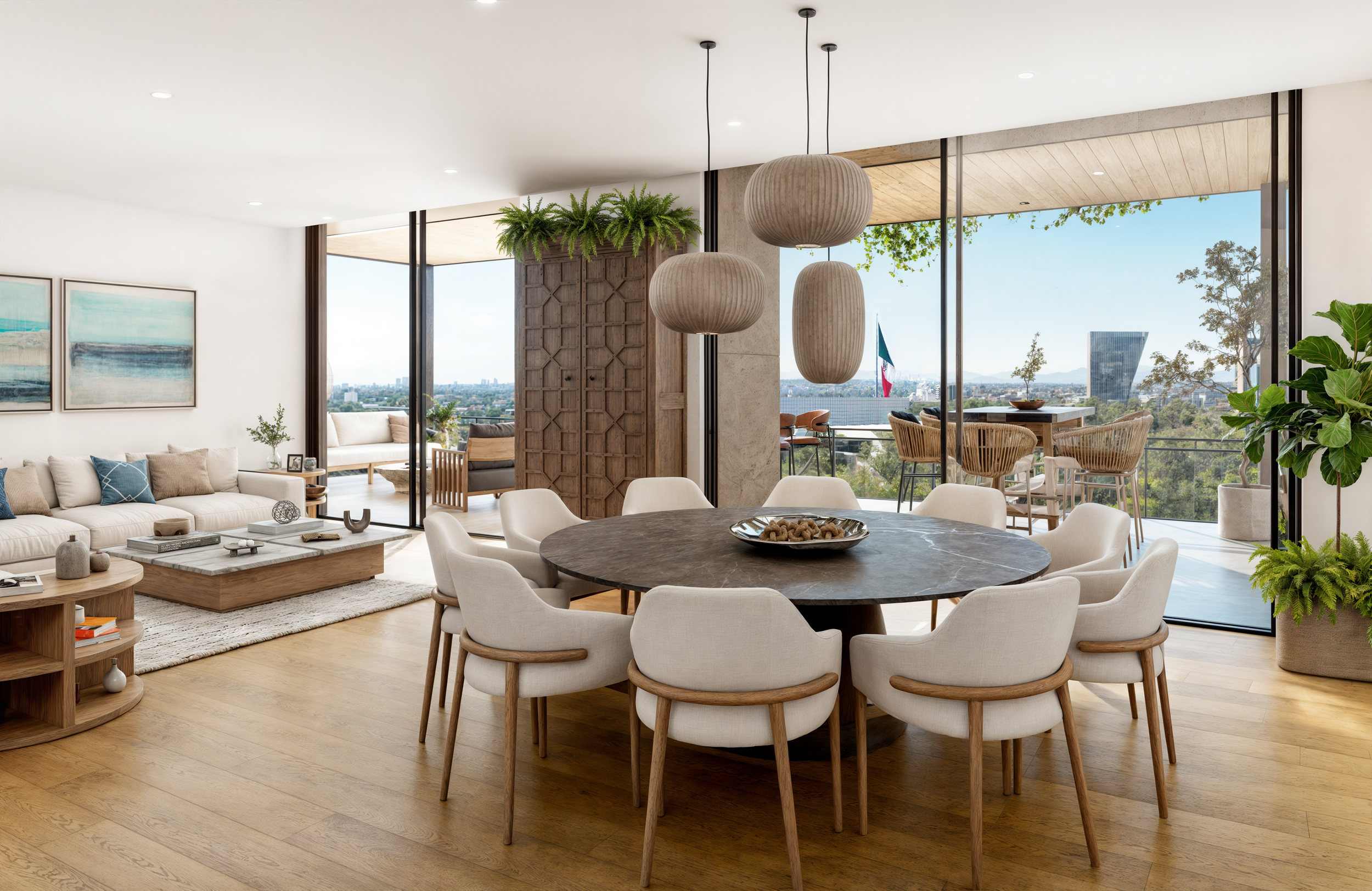 Sala de estar moderna con comedor y balcón con vista a la ciudad, muebles de tonos claros, plantas verdes y grandes ventanales.