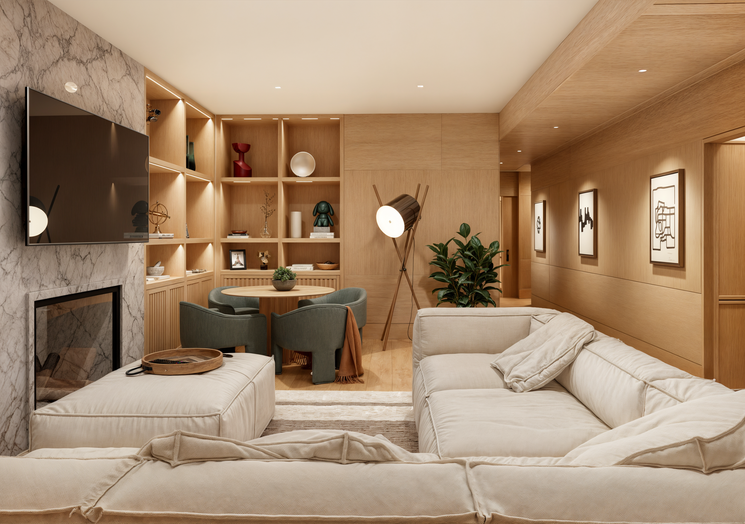 Sala de estar con chimenea, televisión, sofá beige, mesa redonda con cuatro sillas verdes, estantería de madera con decoraciones, planta y lámpara de pie, paredes de madera y arte decorativo en las paredes.