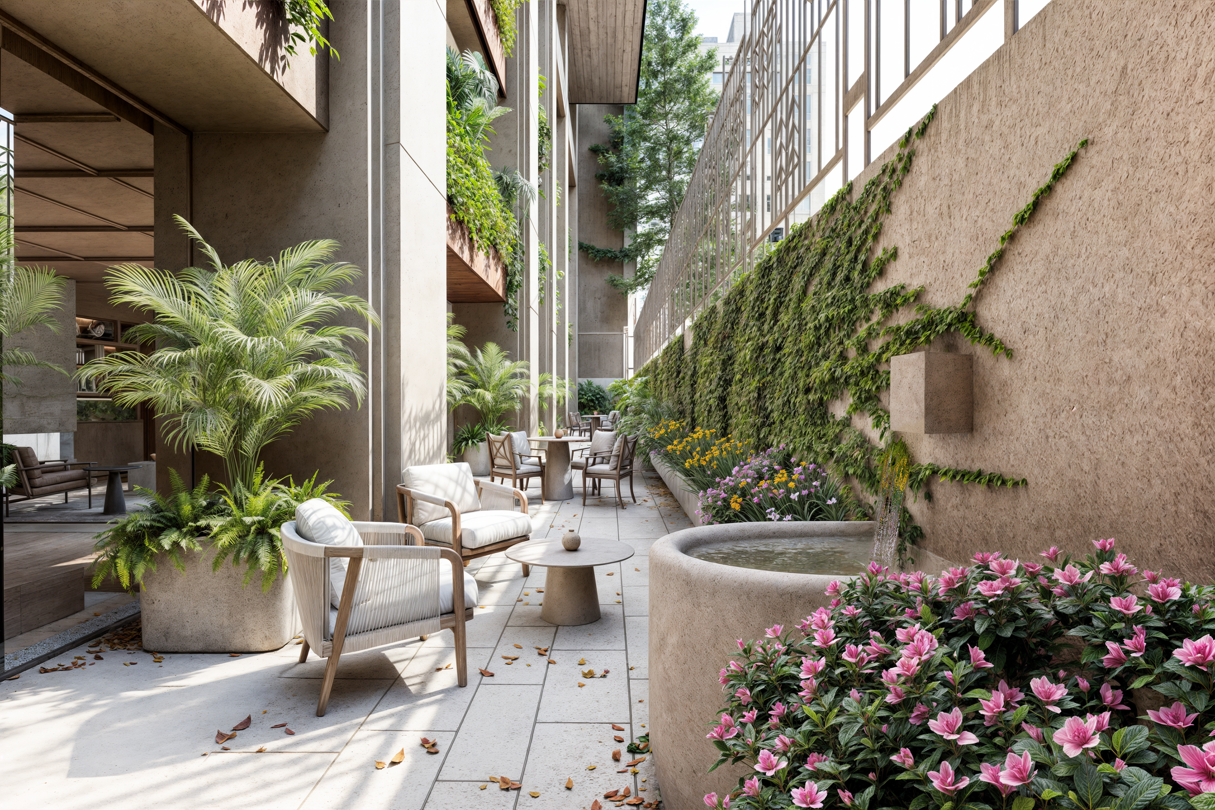 Un patio con muebles blancos y de madera, plantas verdes, y paredes de piedra con enredaderas y flores coloridas.