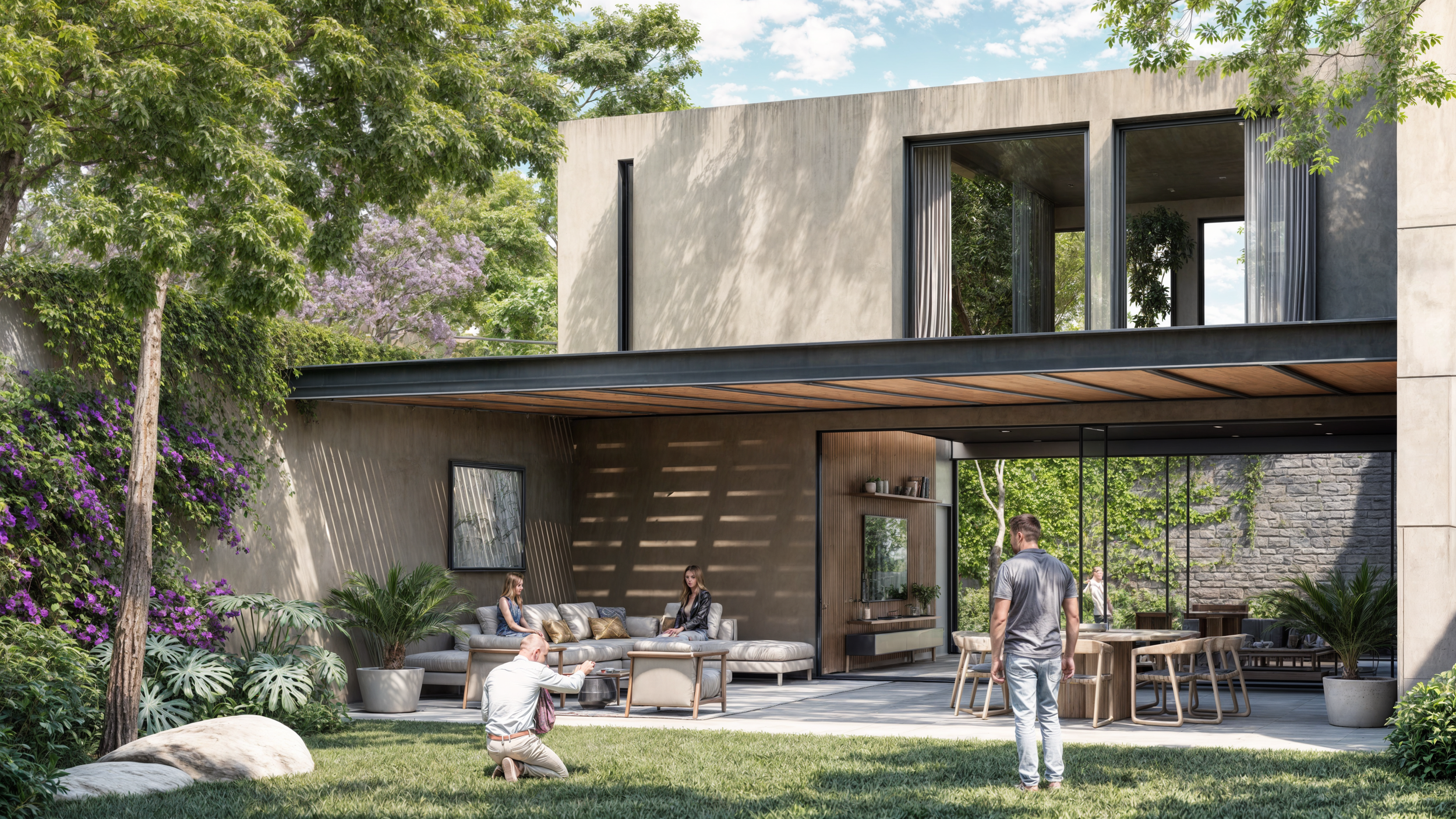 Casa moderna con patio y jardín, personas en actividades recreativas, árboles y plantas alrededor.