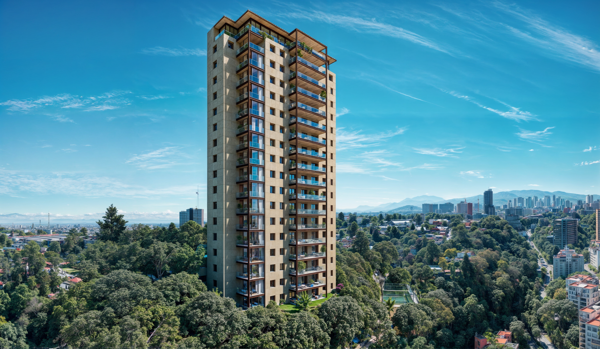 Edificio alto de apartamentos con muchas terrazas en una ciudad con áreas verdes y montañas al fondo bajo cielo azul