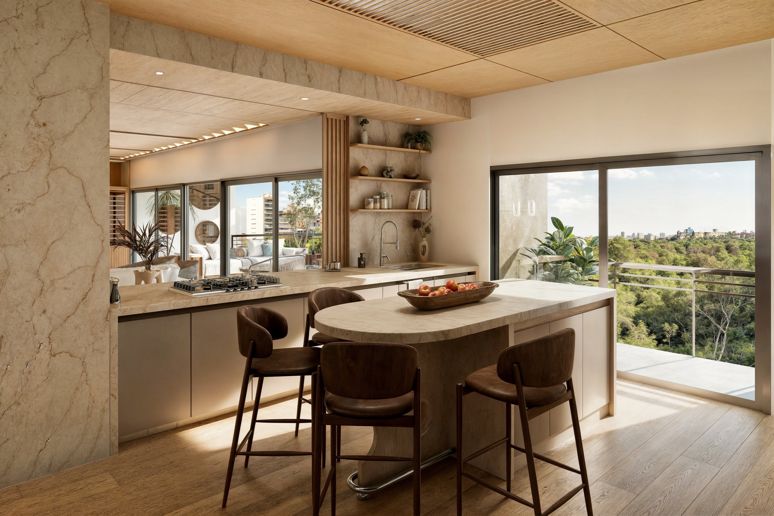 Cocina moderna con barra de desayuno de piedra y vista panorámica de un bosque desde un balcón