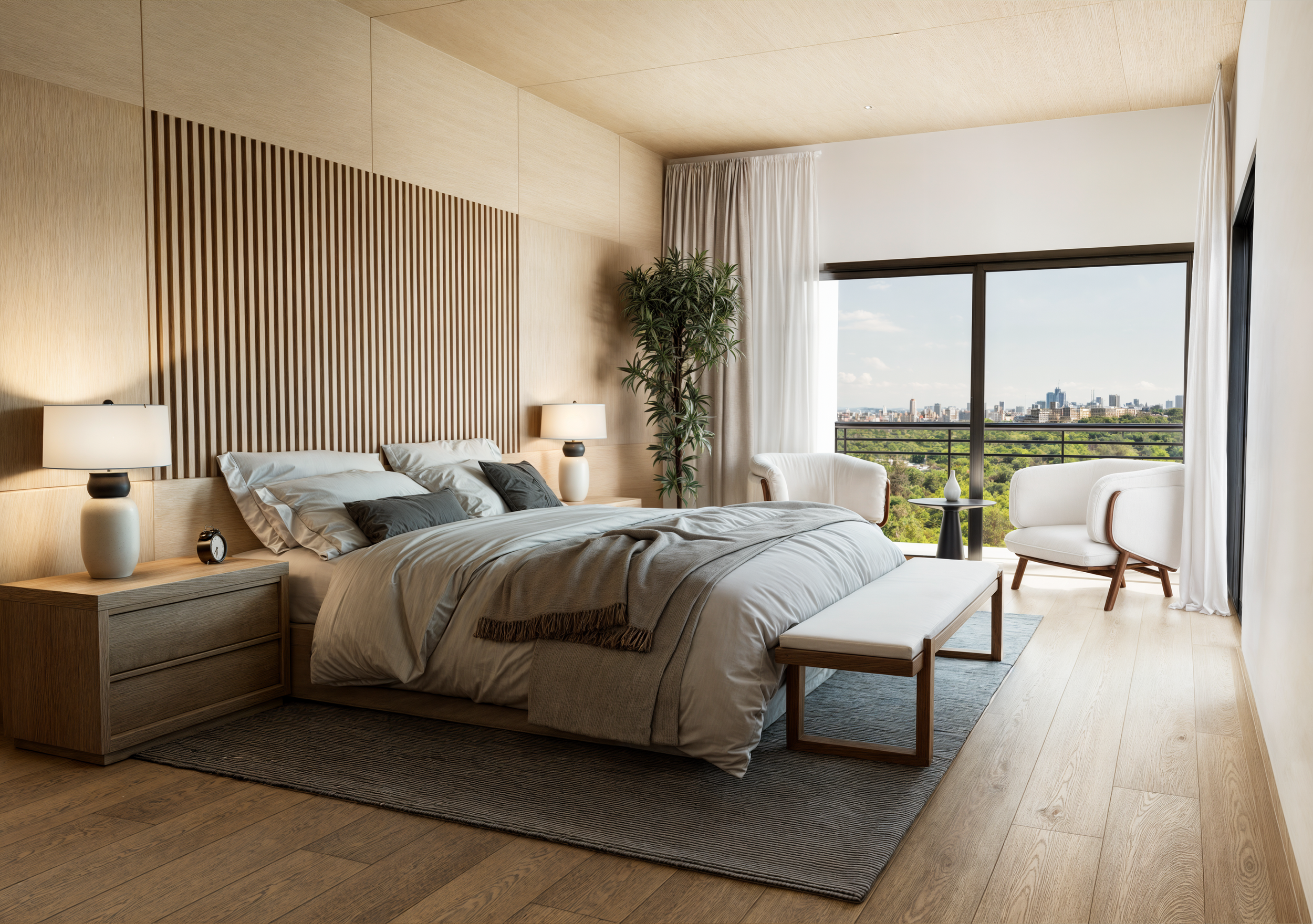 Habitación moderna con cama grande, mesas de noche con lámparas, sillones y vista a la ciudad a través de una ventana grande.