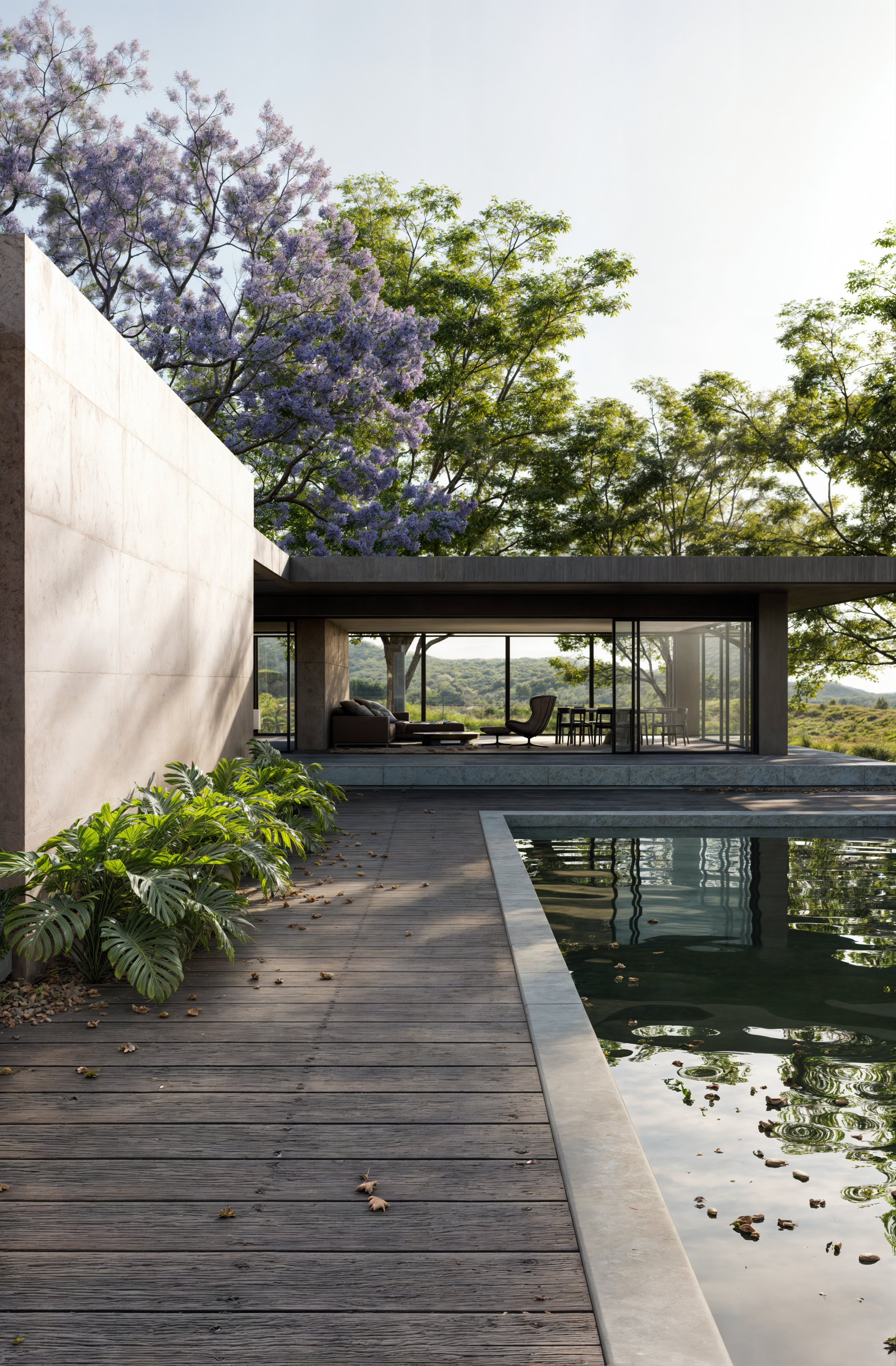 Vista de una casa moderna con grandes ventanas, piscina y un jardín con árboles y plantas verdes, en un entorno natural con colinas al fondo.