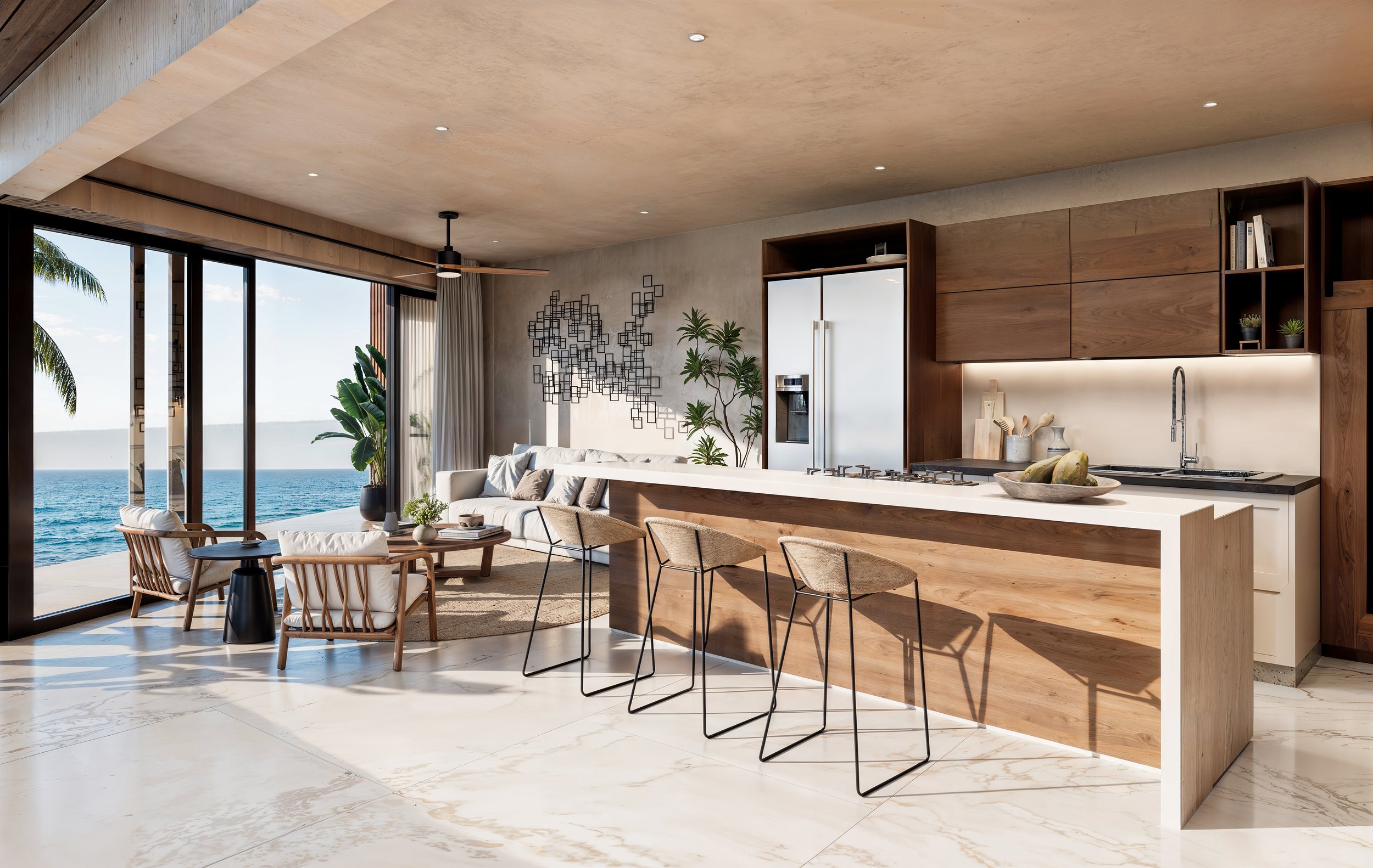 Sala de estar y cocina moderna con vista al mar, mobiliario de madera, plantas verdes y grandes ventanas.