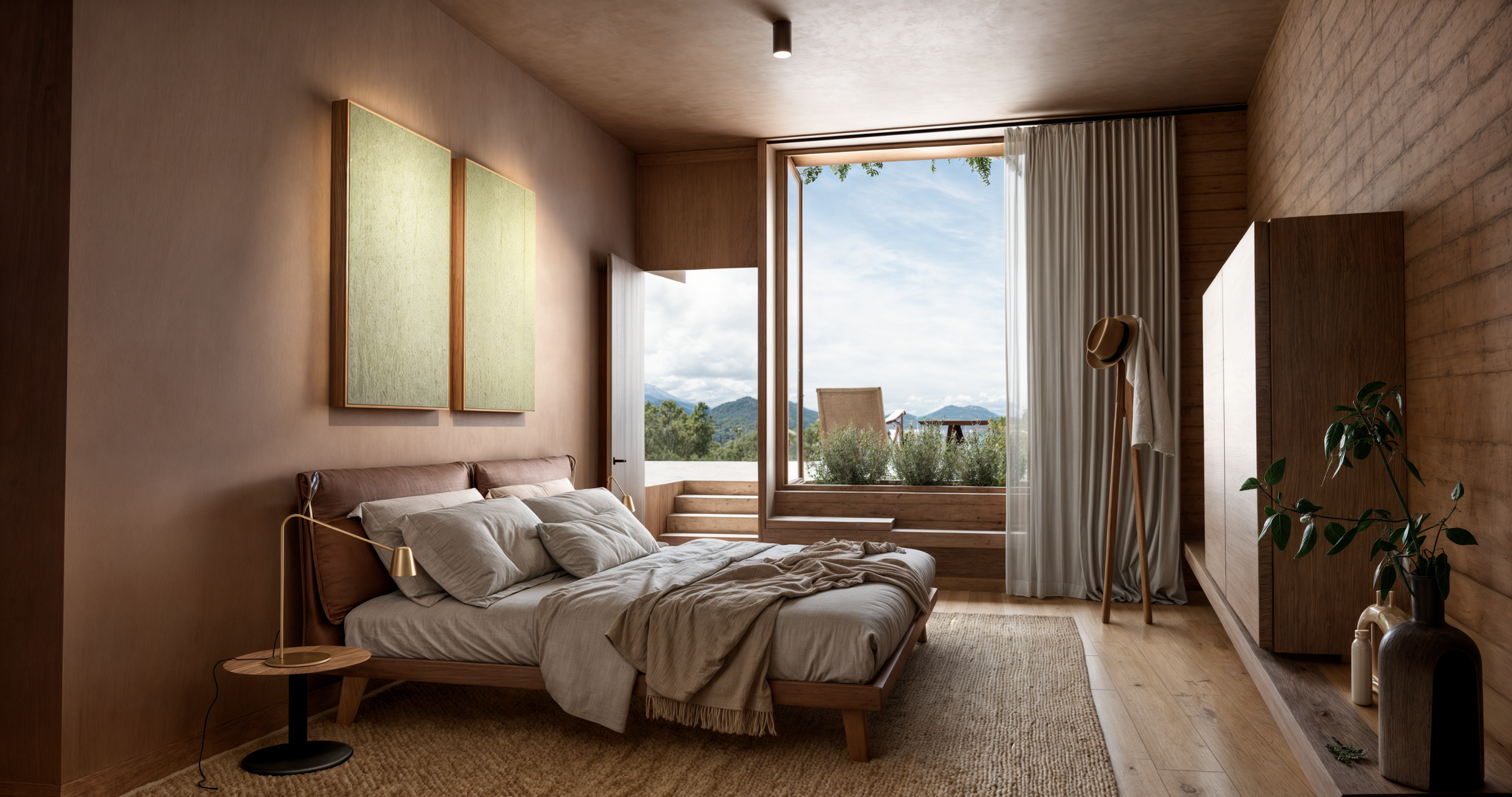 Dormitorio moderno con cama, vista a un paisaje natural, mesas de noche, plantas y cortinas blancas