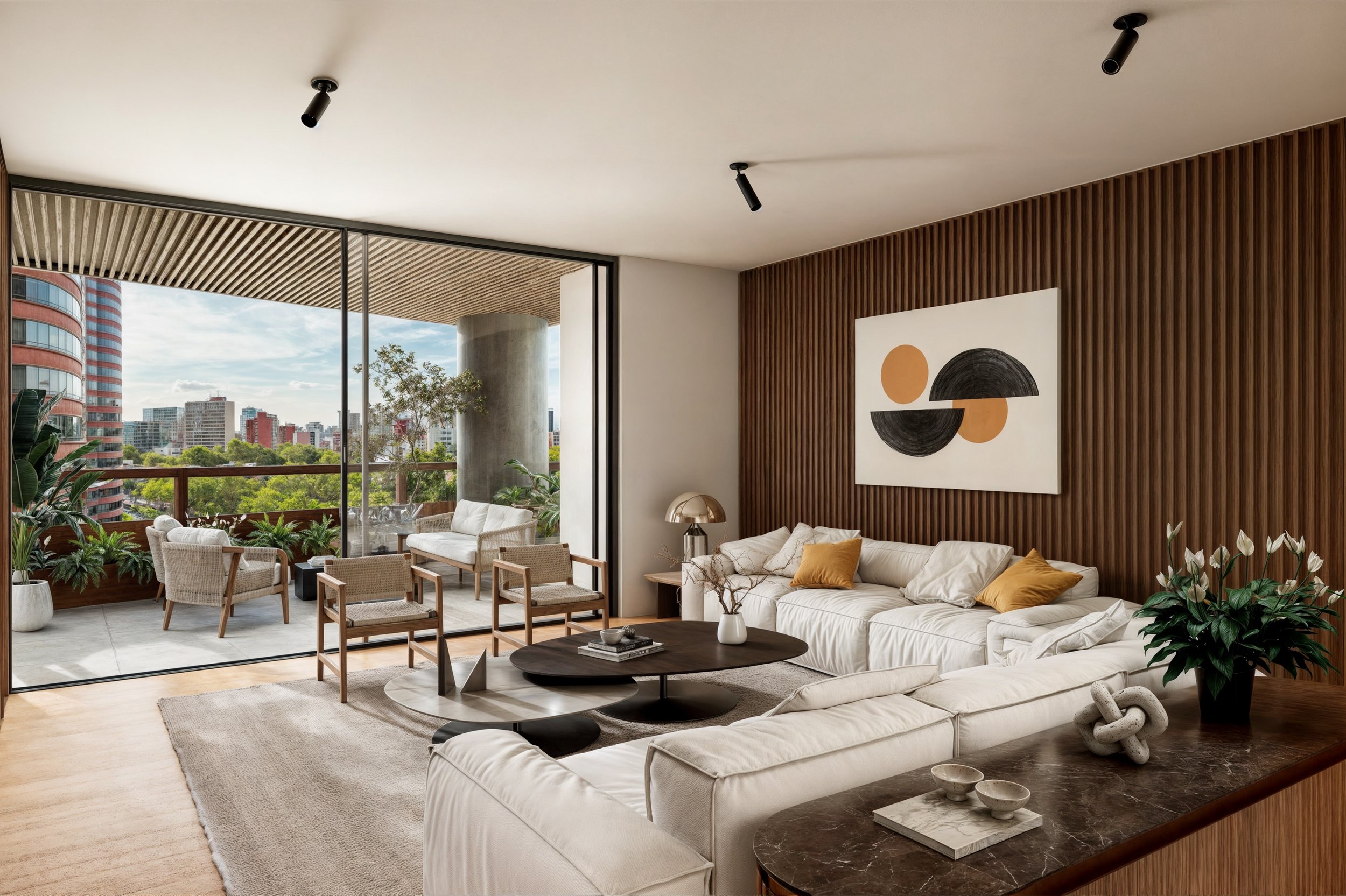 Sala de estar moderna con sofá blanco, mesa de centro oscura, arte abstracto en la pared de madera, balcón con sillones y plantas, vista a la ciudad.